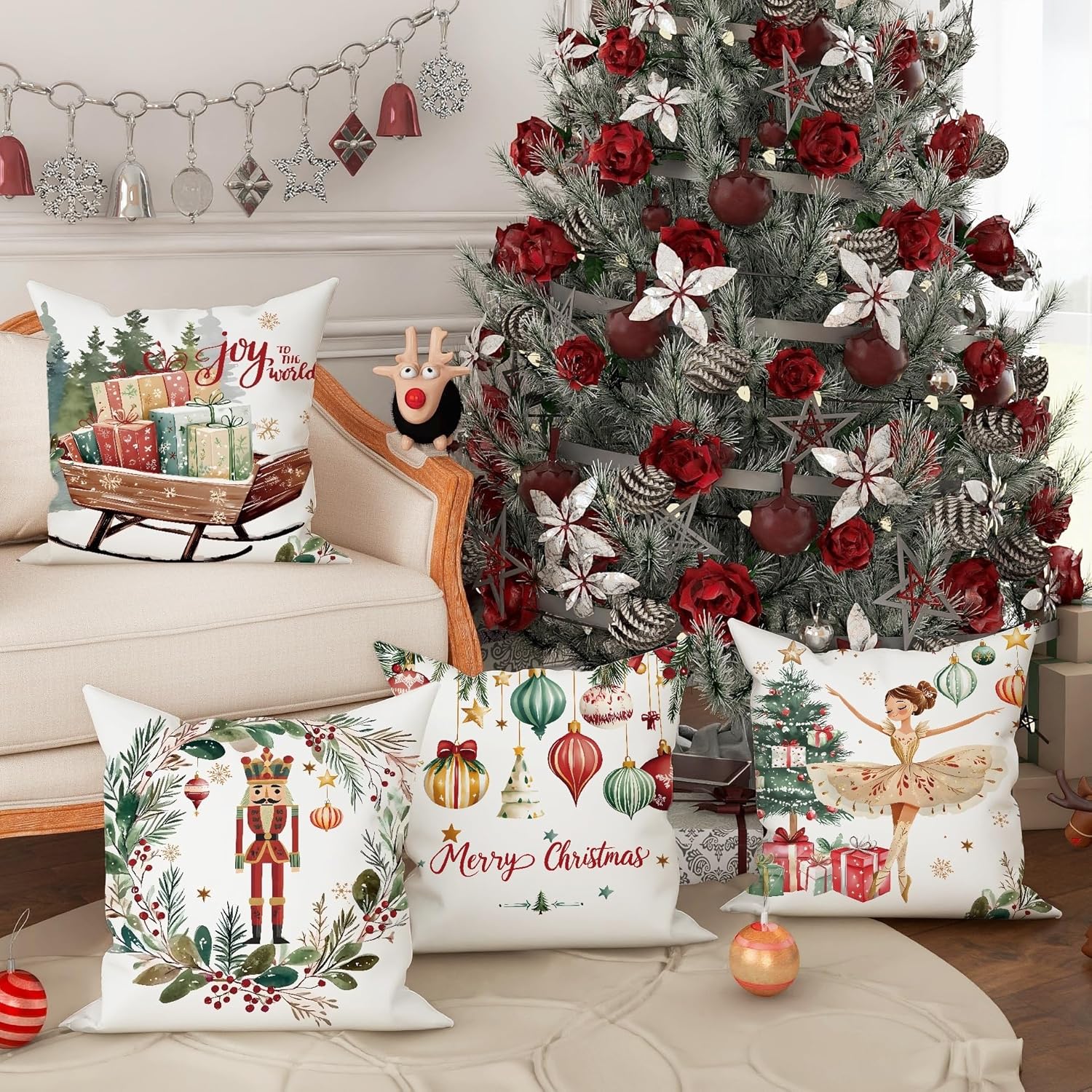 Christmas Throw Pillow Covers Set of 4, Festive Green and Red Holiday Cushion Cases, Decorative Square Seasonal Farmhouse Decor for Home Sofa Bed Couch 26x26 Inch