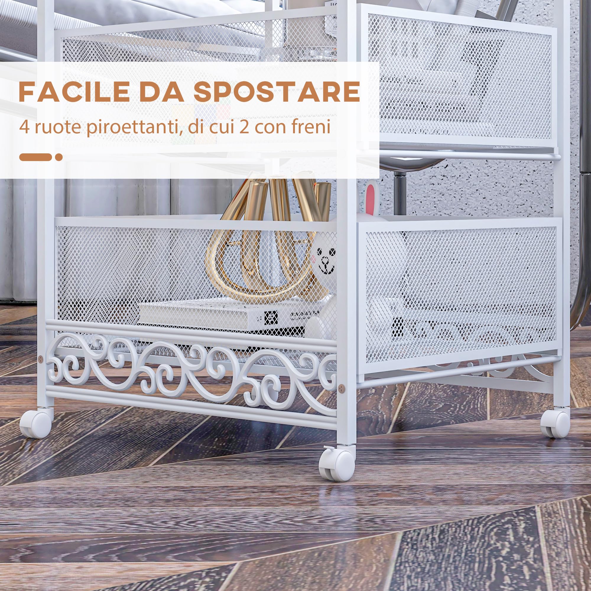 Carrello Portaoggetti A 3 Livelli HOMCOM - Truciolato E Acciaio - Bianco - Con Ruote - Per Casa E Ufficio - Foto 5