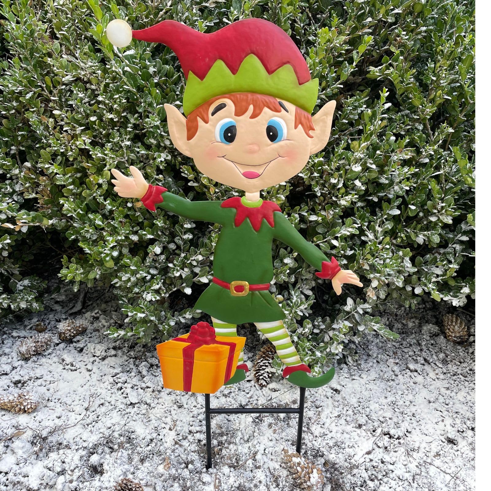 Clovers GardenChristmas Elf Boy Yard Stake Metal Lawn Holiday Yard Sign for Outdoor, Indoor, Walkways Planters