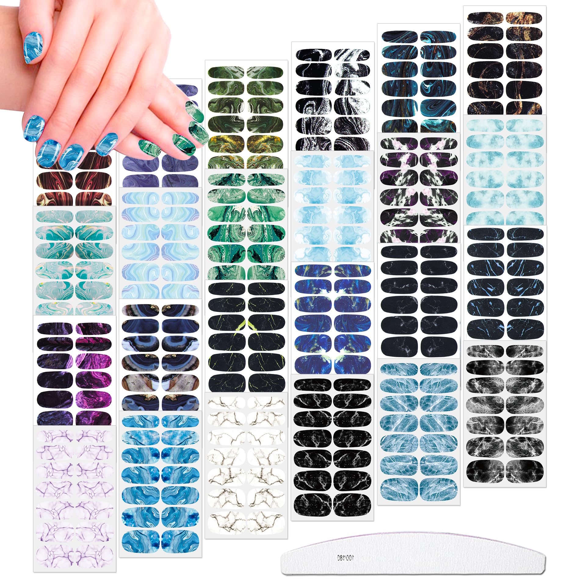JERCLITY 336 Pieces 24 Sheets Women's Full Wrap Marble Nail Polish Strips Stickers Self-Adhesive Gel Nail Strips Decals with Nail File for Women Girls