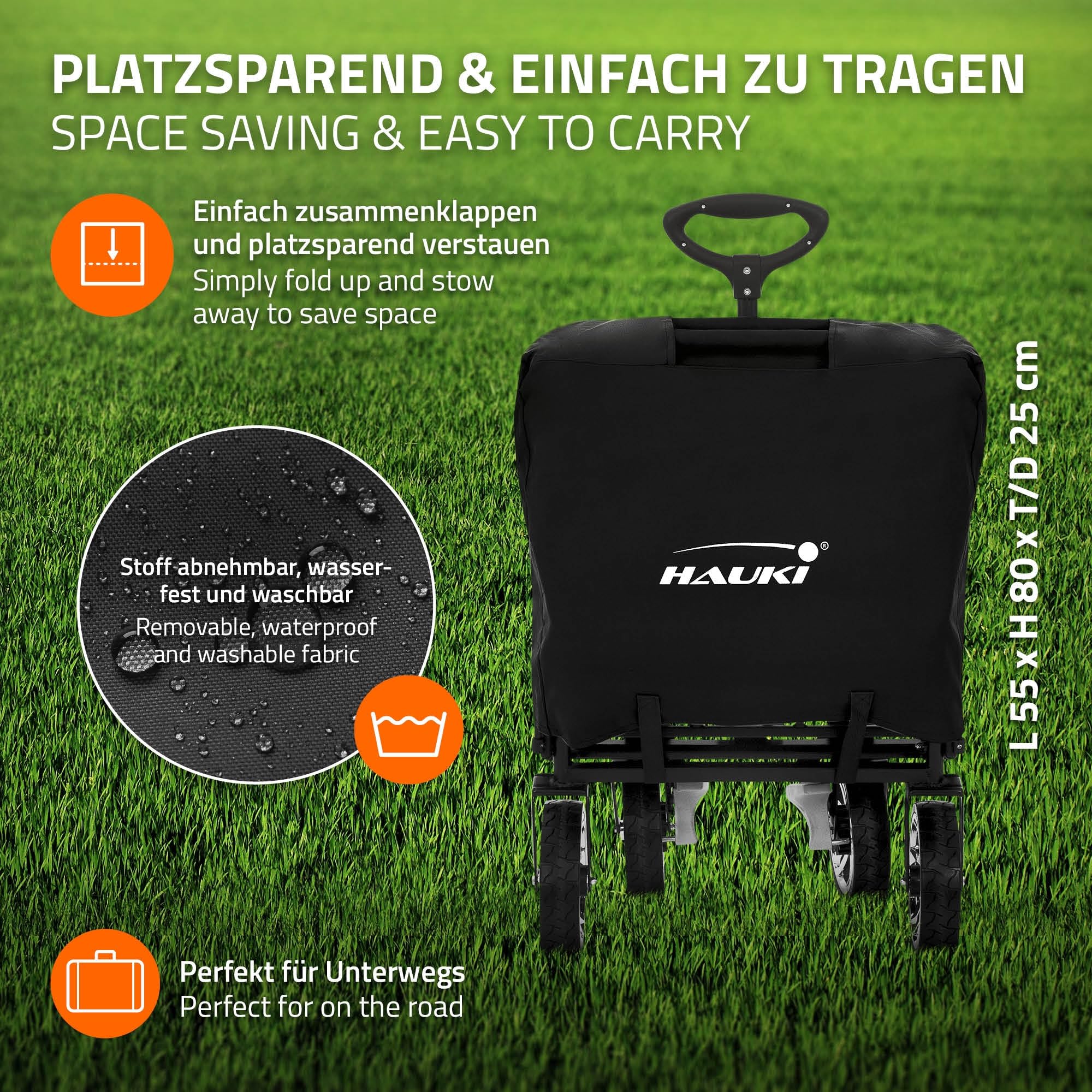 Hauki Carro de Mano Plegable con Toldo para la Playa, Negro-Gris, Transporte de hasta 120 kg para Niños o de Equipamiento Incl. 2 Bolsillos de Malla y 1 Bolsa Exterior, Remolque con Freno en Rueda