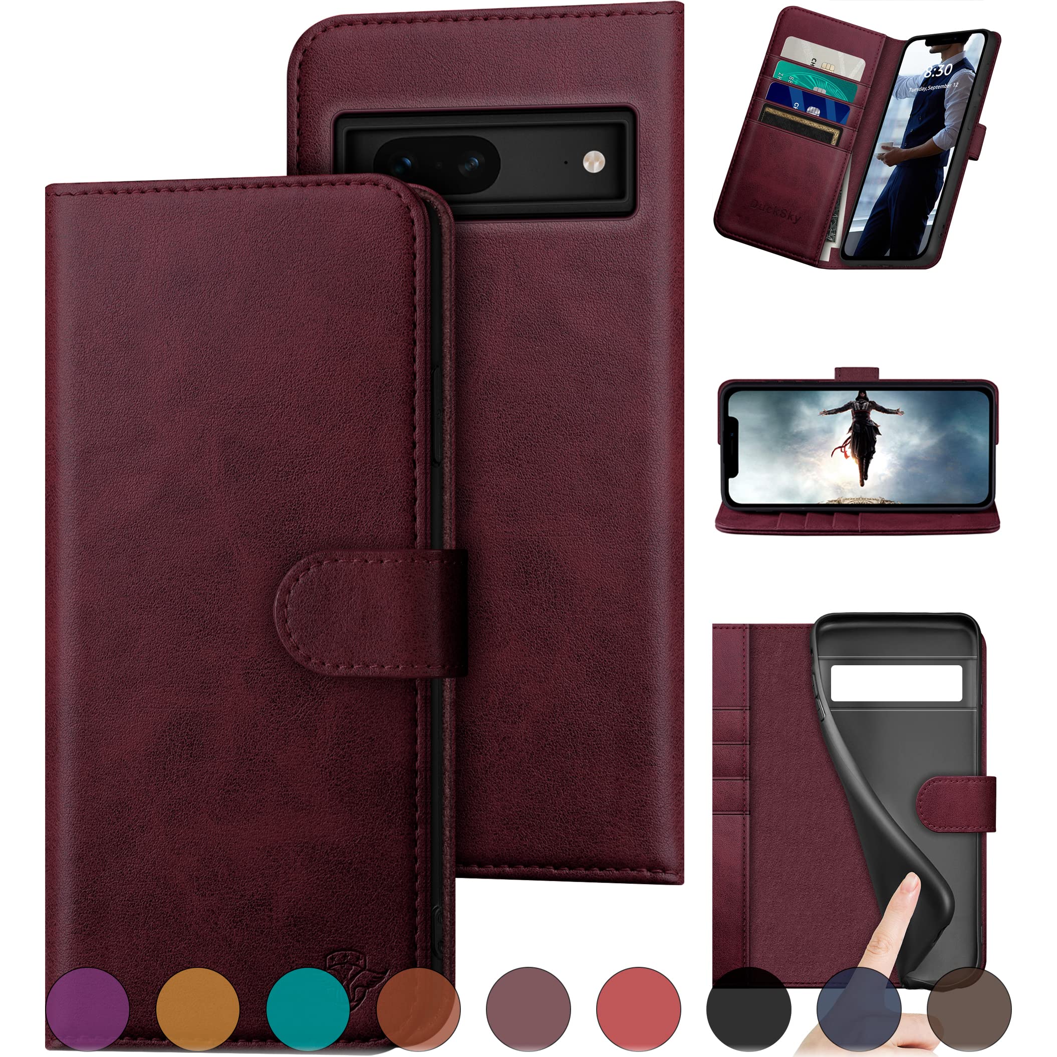 DuckSky for Google Pixel 7A Genuine Leather Wallet case ?RFID Blocking??4 Credit Card Holder??Real Leather? Flip Folio Book Phone case Protective Cover Women Men for Pixel7A case Wine Red