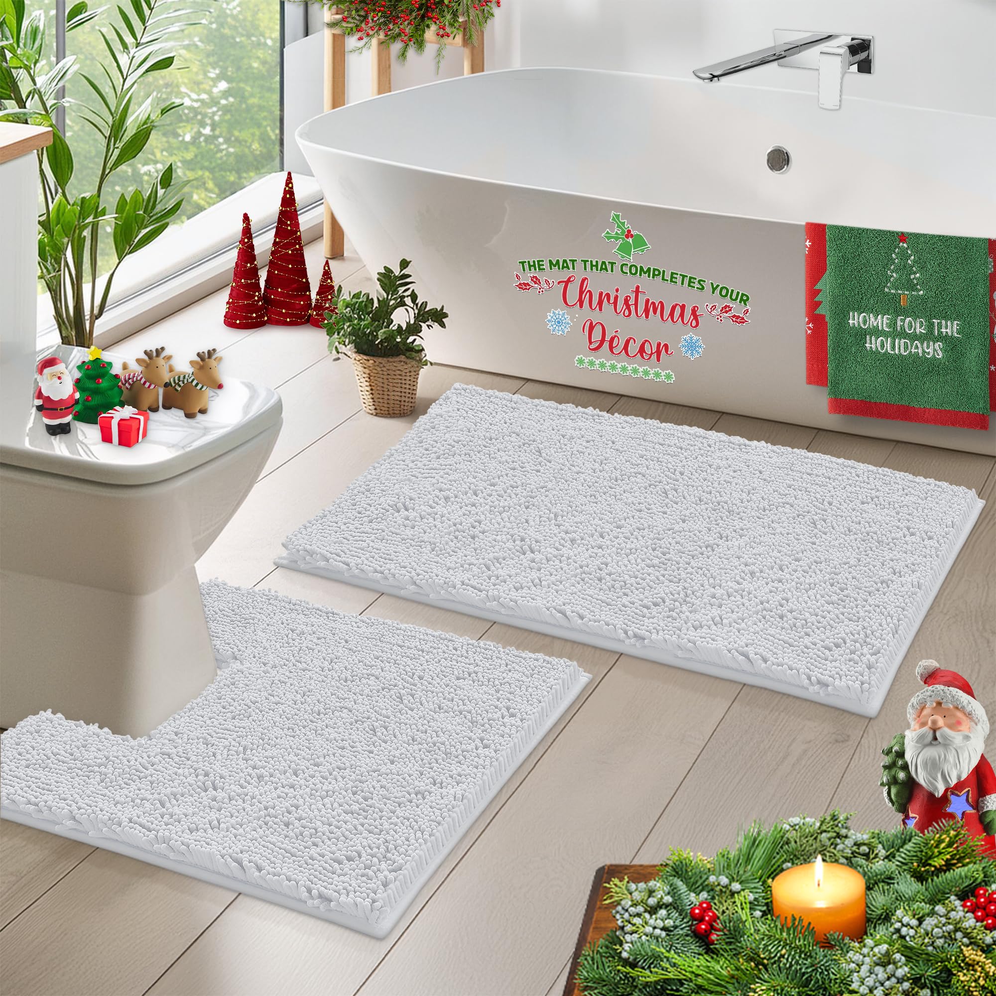 Luxurious Bath Mat Set - 2-Piece Chenille Rugs, Soft Plushness, Anti-Slip, 1'' Shaggy Microfiber Bathroom Rugs, Machine Washable (White, 50 x 80 cm Ractangluer + 50 x 50 Curved Square)