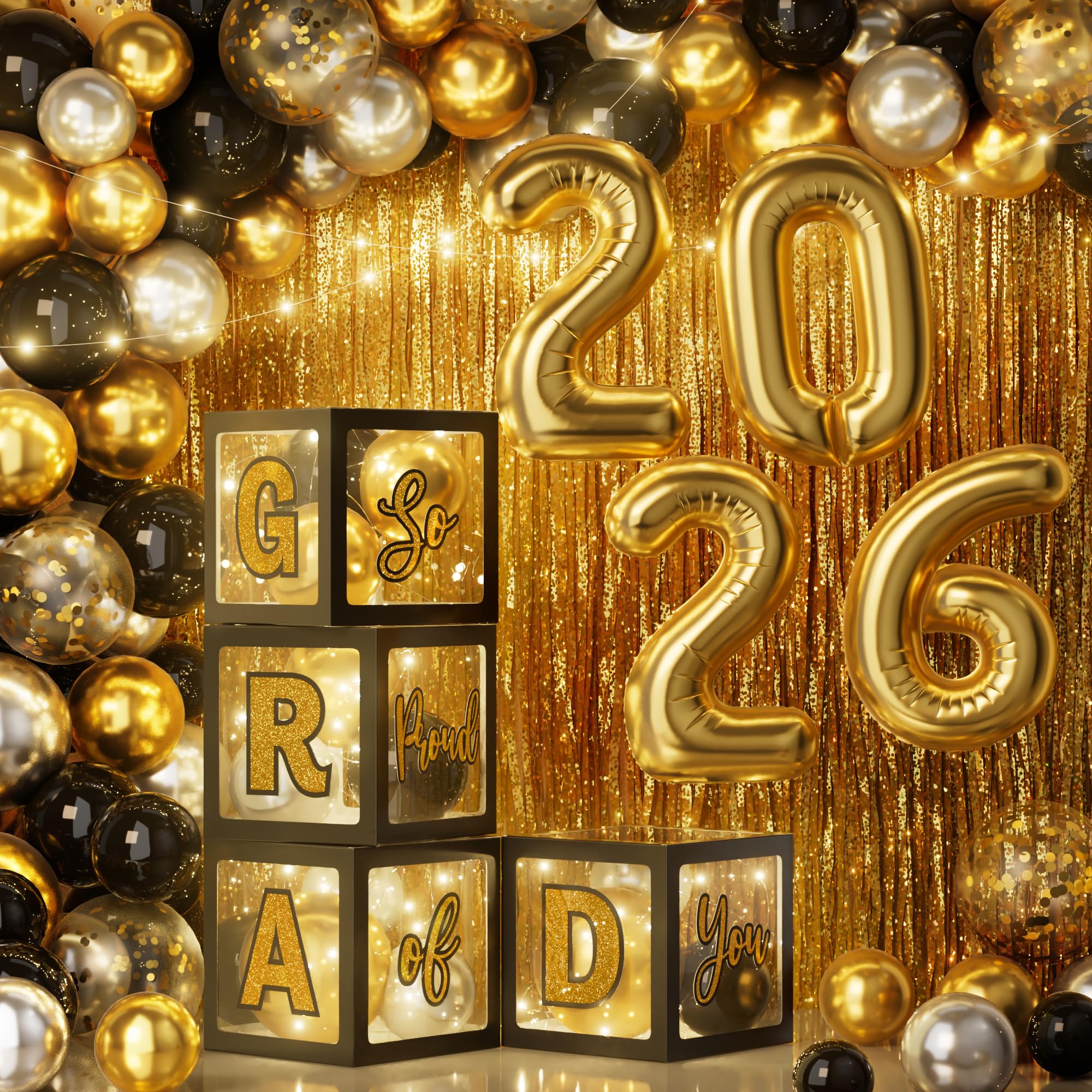 2026 Graduation Decorations, 86PCS Black and Gold Graduation Party Decoration Supplies Grad Balloon Arch Kit with Led Light Strings, Balloon Boxes with Letters & Foil Curtains for High School College