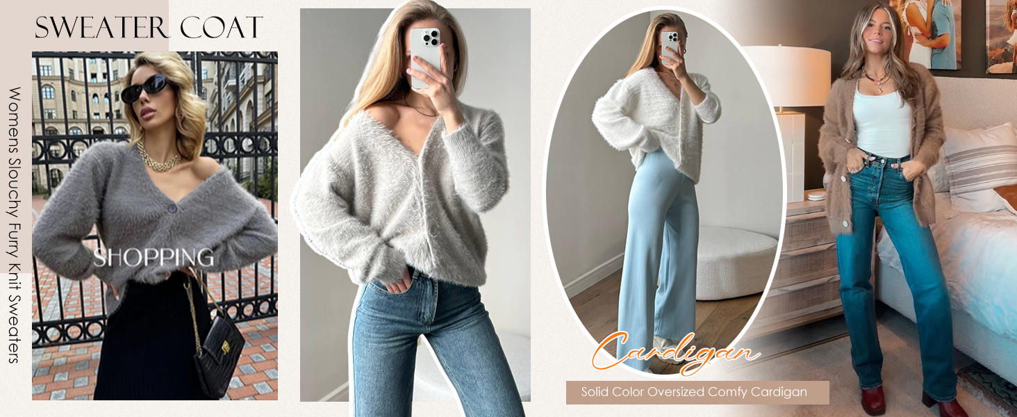 Yimoon Womens Fuzzy Cardigan Sweater V Neck Long Sleeve Button