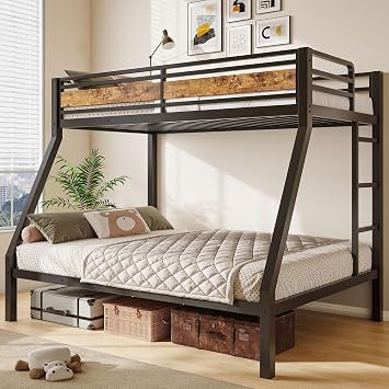 Feonase Bunk Beds Twin Over Full Size, Heavy Duty Metal Bunk Beds with Safety Guardrail & Ladders, Steel Loft Bed Frame for Teens and Adults, Apartment or Dorm, Noise Free & Easy Assembly, Retro