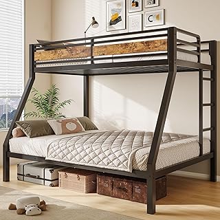 Feonase Bunk Beds Twin Over Full Size, Heavy Duty Metal Bunk Beds with Safety Guardrail & Ladders, Steel Loft Bed Frame for Teens and Adults, Apartment or Dorm, Noise Free & Easy Assembly, Retro