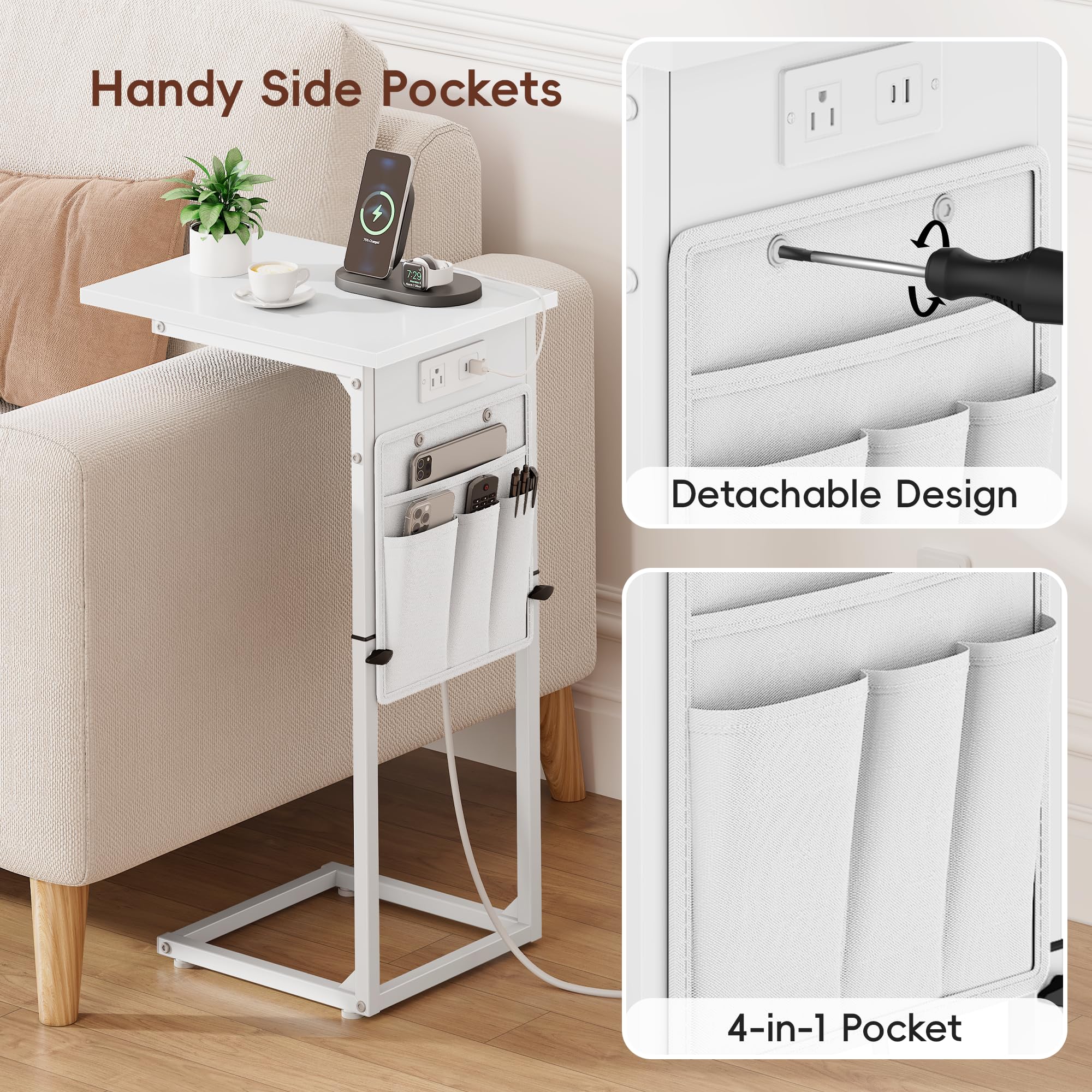 Vagusicc Beistelltisch, Schmaler C Form mit Steckdose, Couchtisch, Höhenverstellbar 52-85cm, Sofatisch Beistelltisch, mobiler Kaffeetisch, Laptoptisch Nachttisch für Schlafzimmer, Wohnzimmer, Weiß