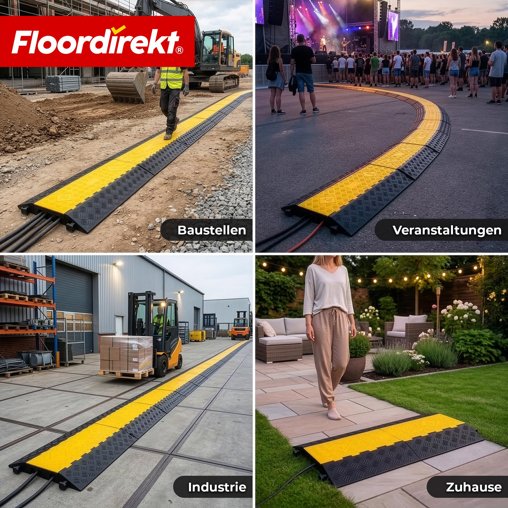 Floordirekt Kabelschutzmatte - Bis 20 Tonnen - Überfahrschutz für Kabel, Kabelbrücke aus Gummi für Parkplätze, Lagerhäuser (Schwarz-Gelb, 2 Kanäle 90 x 61,5 x 10,5 cm - Torus)