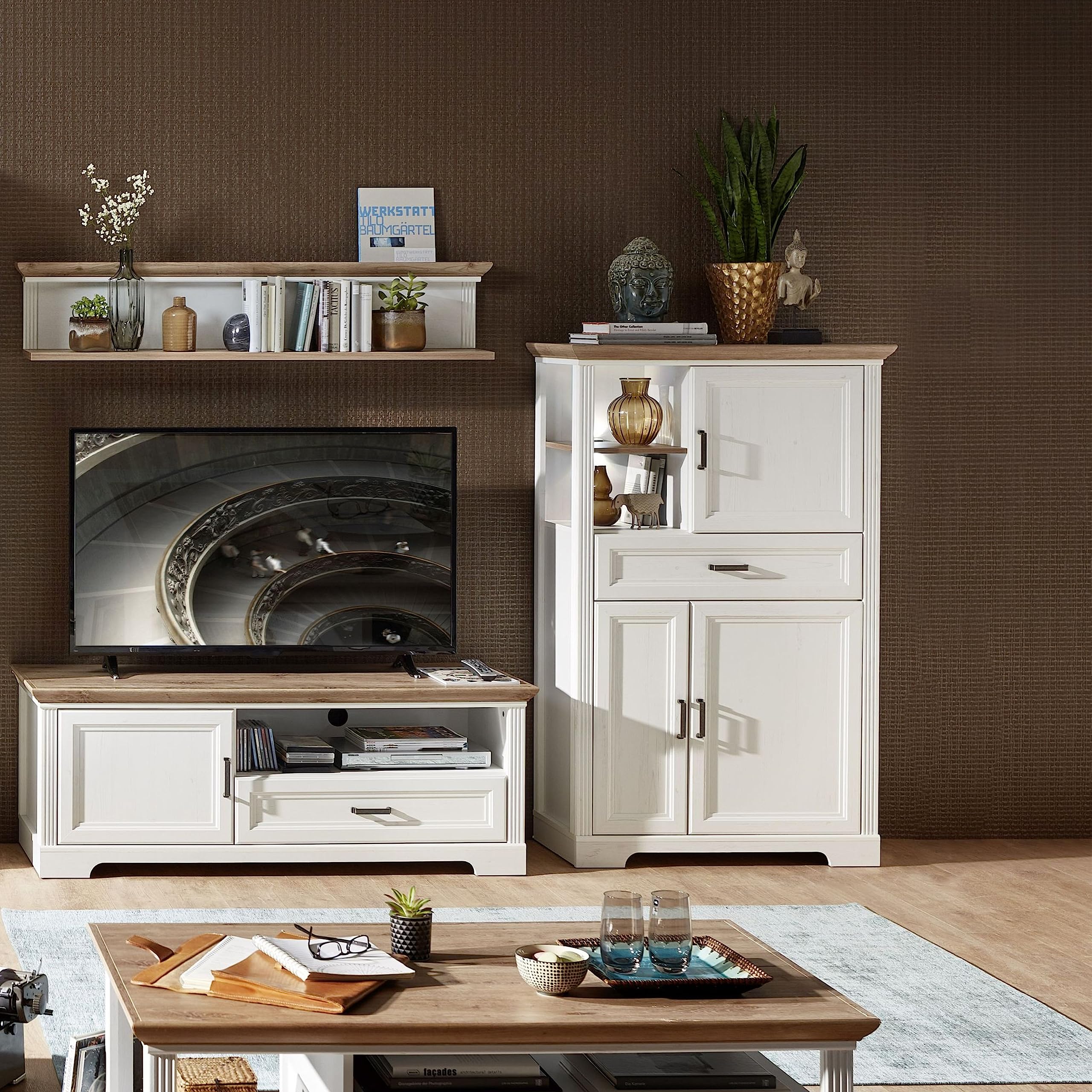 Stella Trading Stauraumelement in Pinie hell, Artisan Eiche Optik - Wohnzimmerschrank mit LED-Beleuchtung und viel Stauraum im Landhausstil - 93 x 150 x 42 cm (B/H/T)