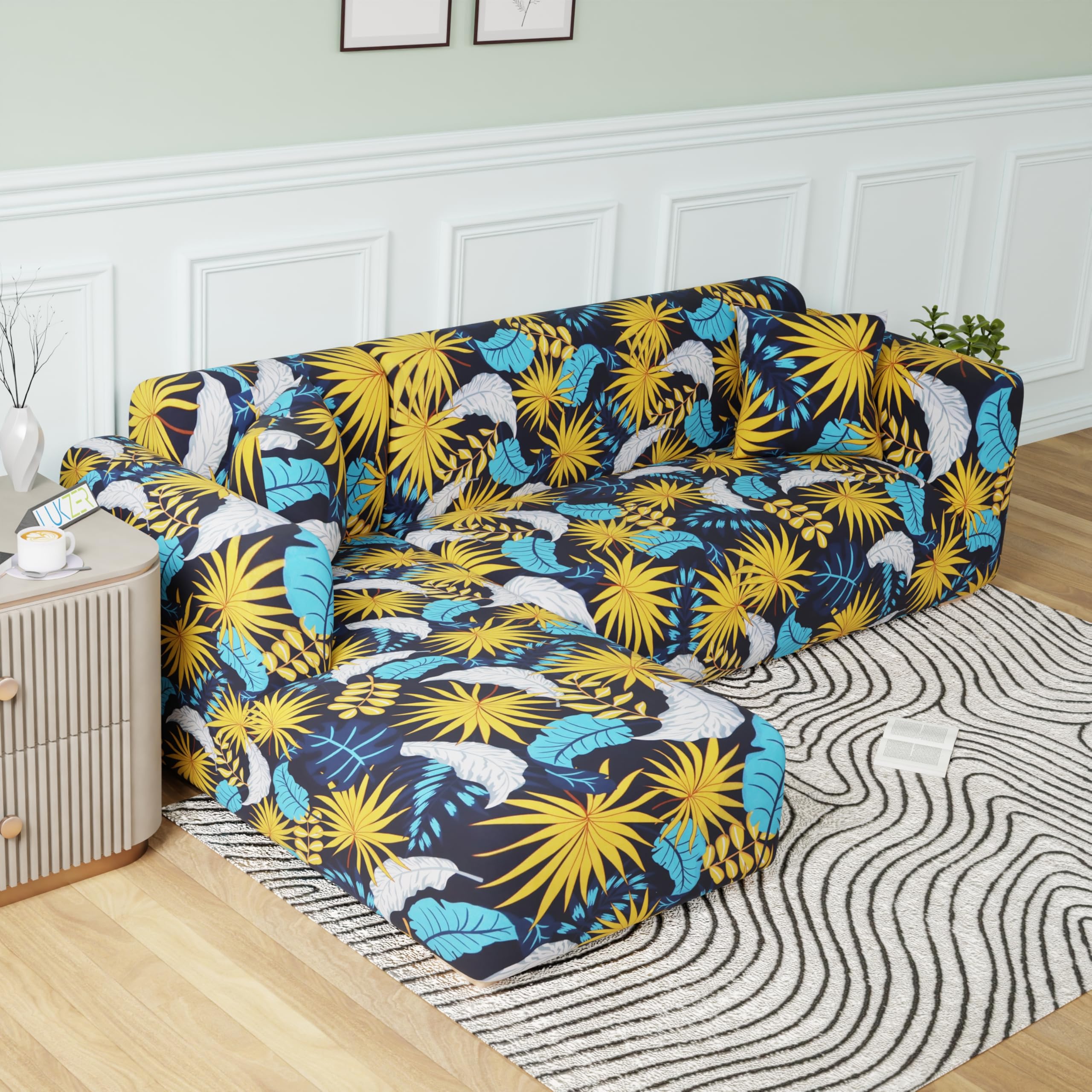 Lukzer L-Shaped Sofa Cover - Navy Blue Flower -13