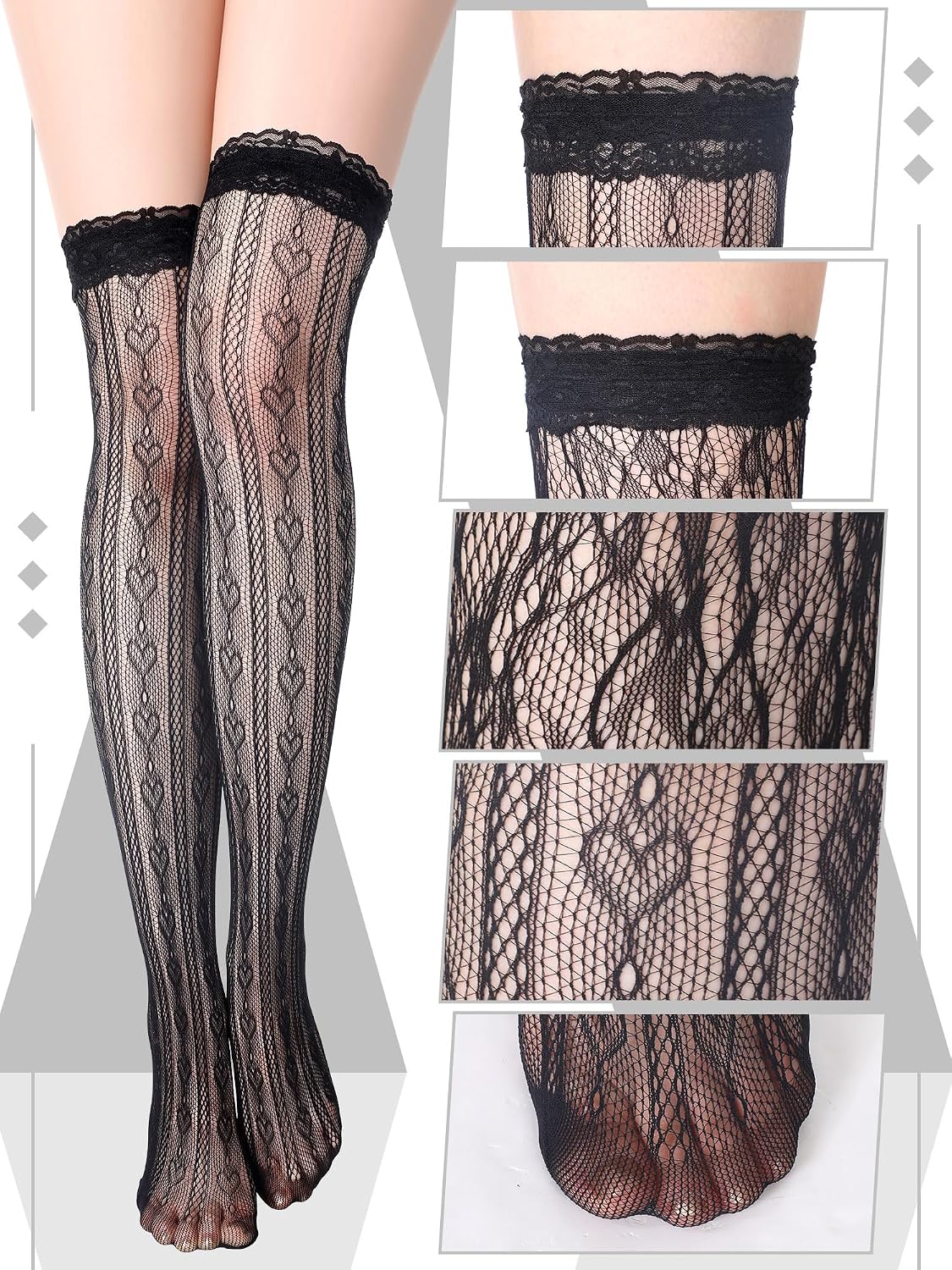 Fourluoo 4 Pairs Women Lace Thigh High Stockings