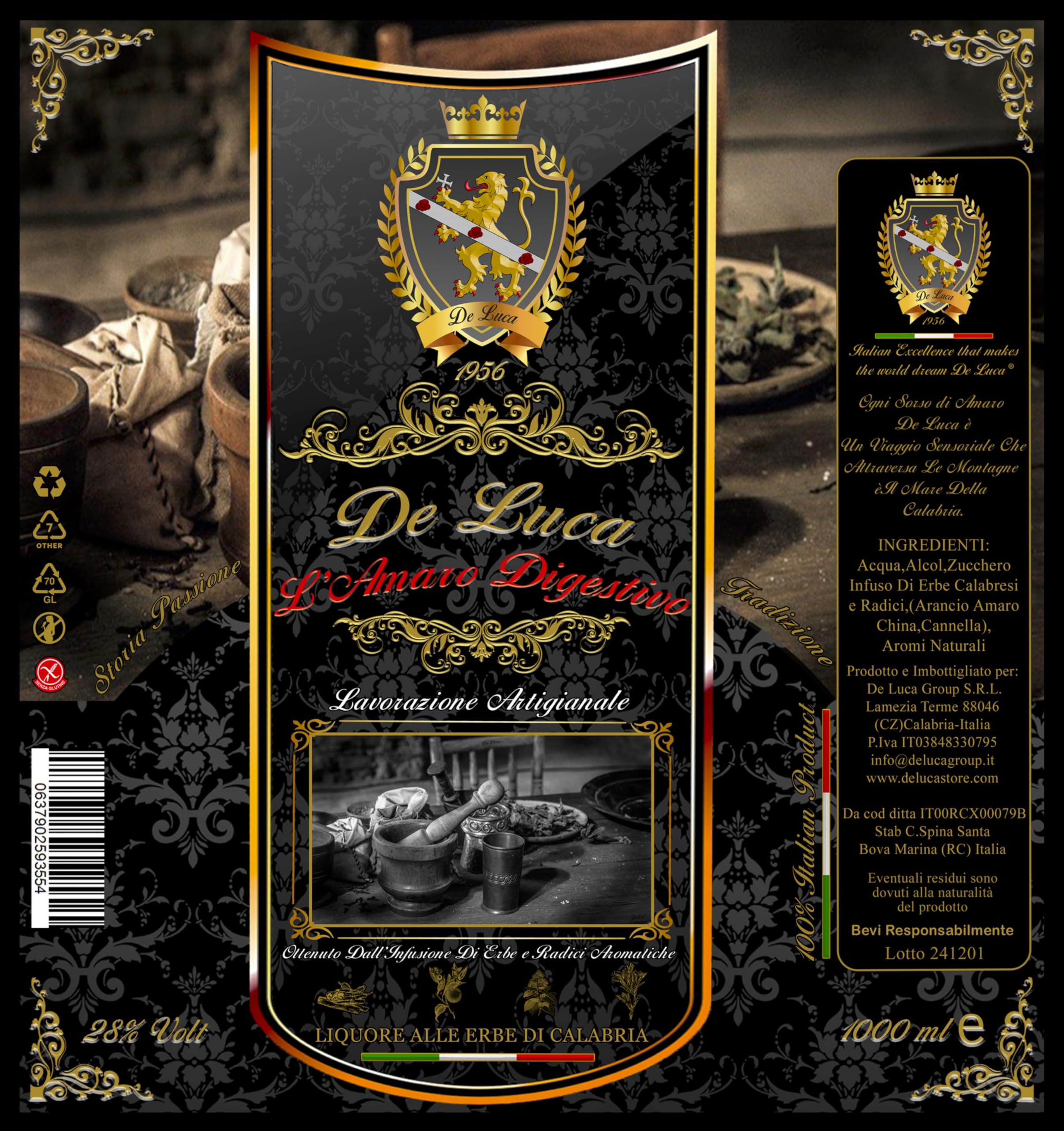Amaro De Luca,Ottenuto Dall'Infusione Di Erbe e Radici Aromatiche Calabresi,Ogni Sorso Di Amaro De Luca é Un Viaggio Sensoriale Che Attraversa Le Montagne e il Mare Della Calabria, 28% Vol. 1 Litro