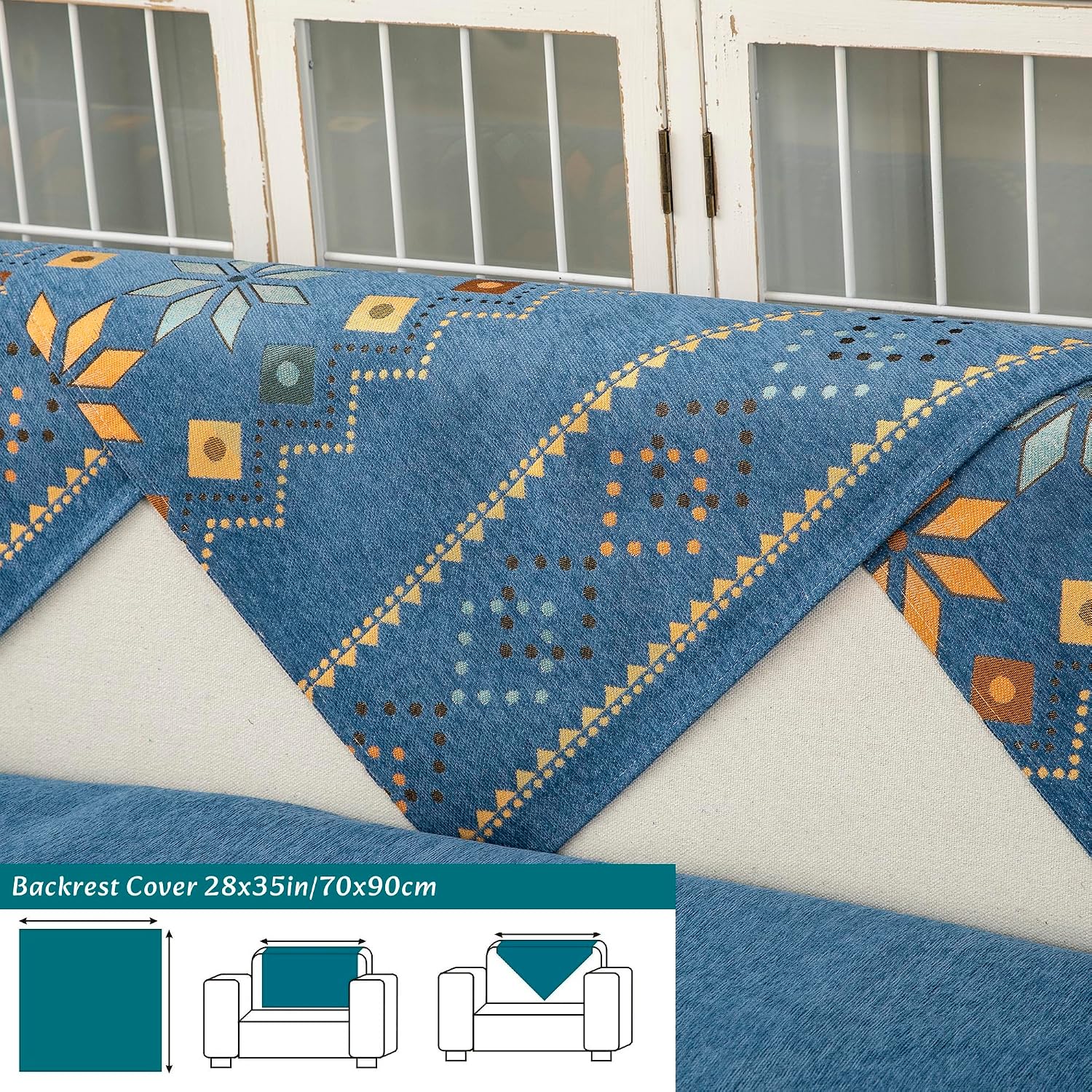 Boho Chenille Couch Covers,Geometric Couch Covers for Sofa,Chenille Couch Cover Non Slip,Sectional l Shaped Sofa Furniture Protector Cover for Home Decor,Blue_Backrest 28x35in/70x90cm