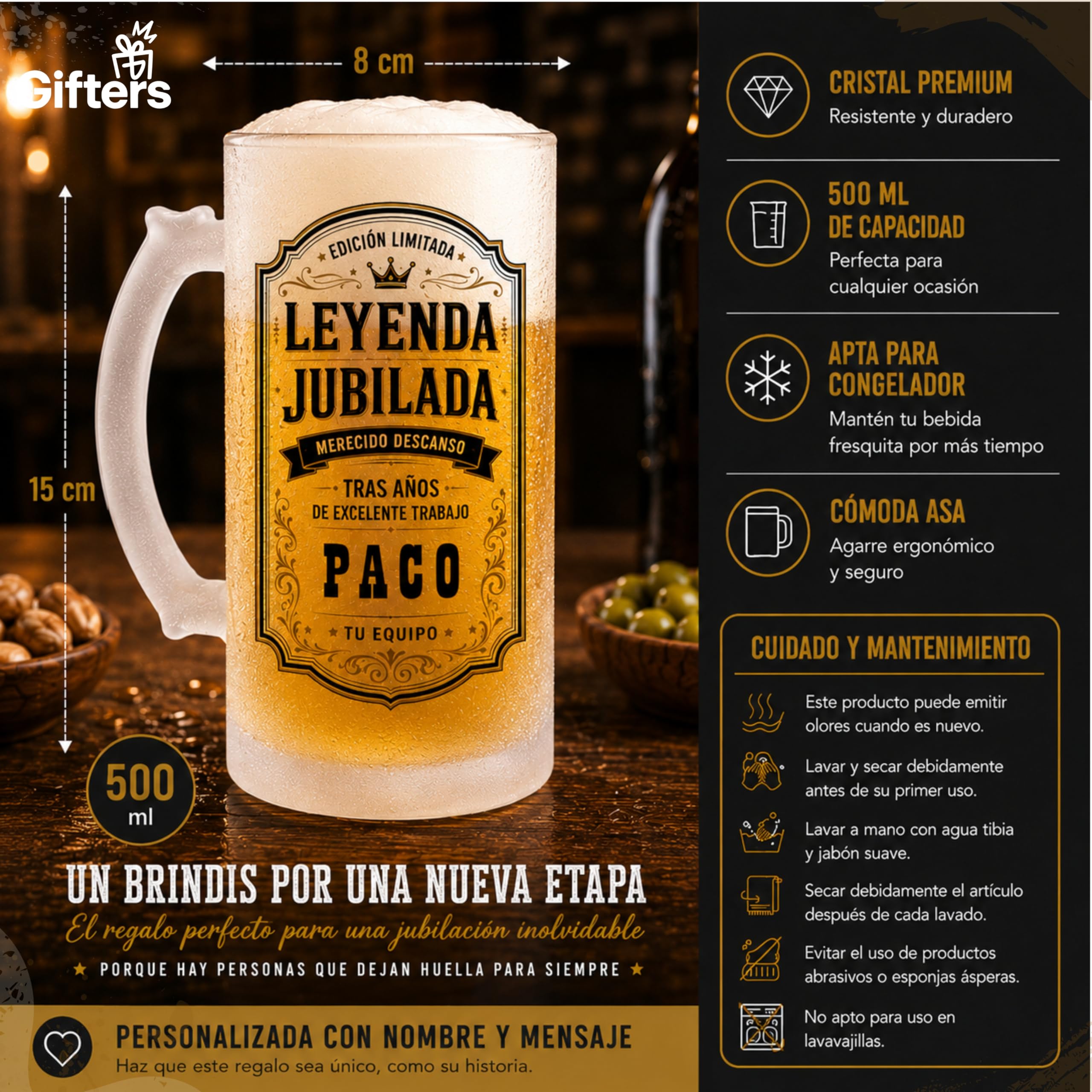 Gifters | Jarra de Cerveza Personalizada Jubilación con Nombre | Cristal Mate 500 ml | Diseño Vintage “Leyenda Jubilada” | Regalo Original para Jubilados, Compañeros de Trabajo, Oficina y Despedidas