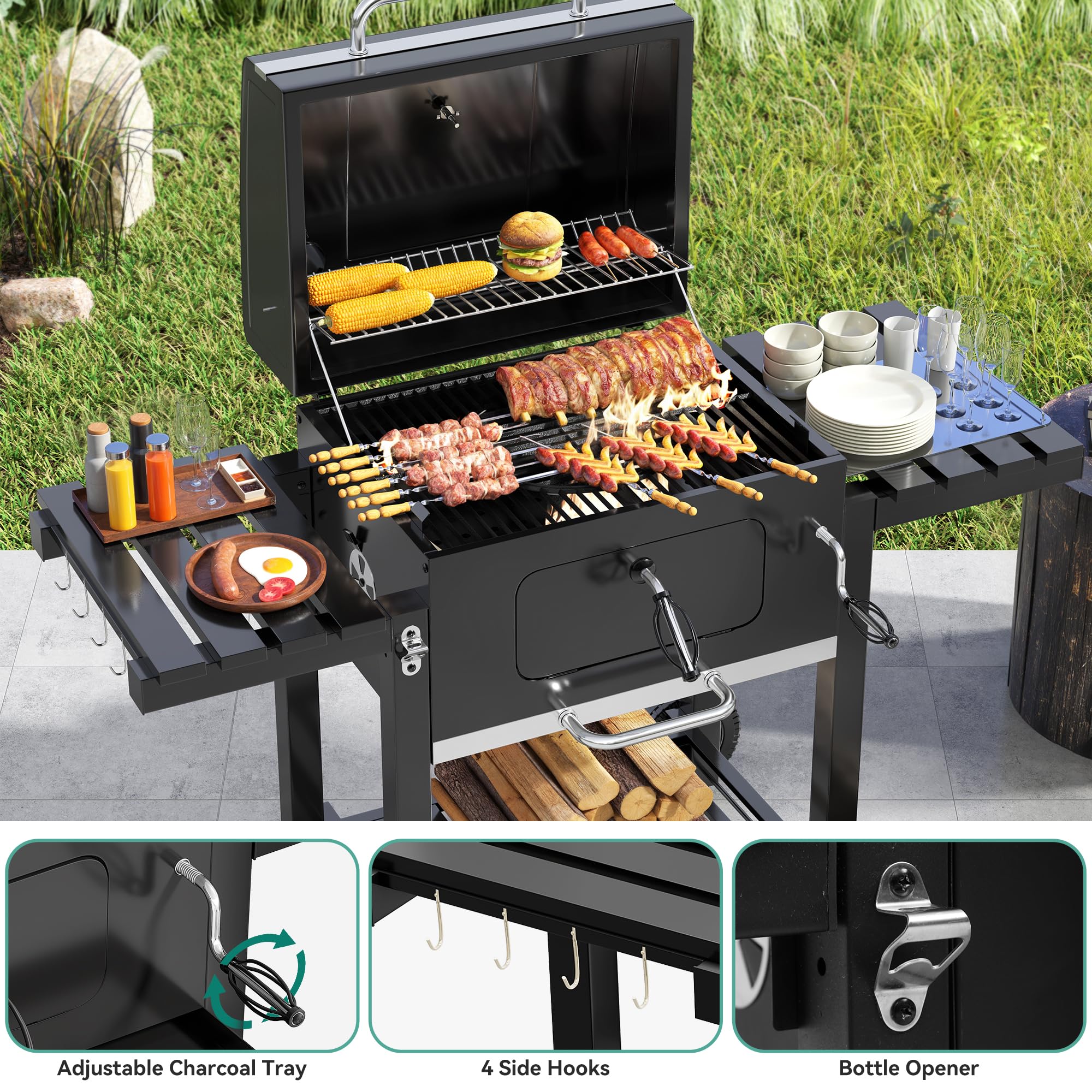 Grill węglowy, wytrzymały, z rusztem żeliwnym i regulowaną tacą na węgiel, przenośny, do ogrodu, na kemping, imprezy na świeżym powietrzu, zawiera żaroodporne rękawice i szczypce do grilla