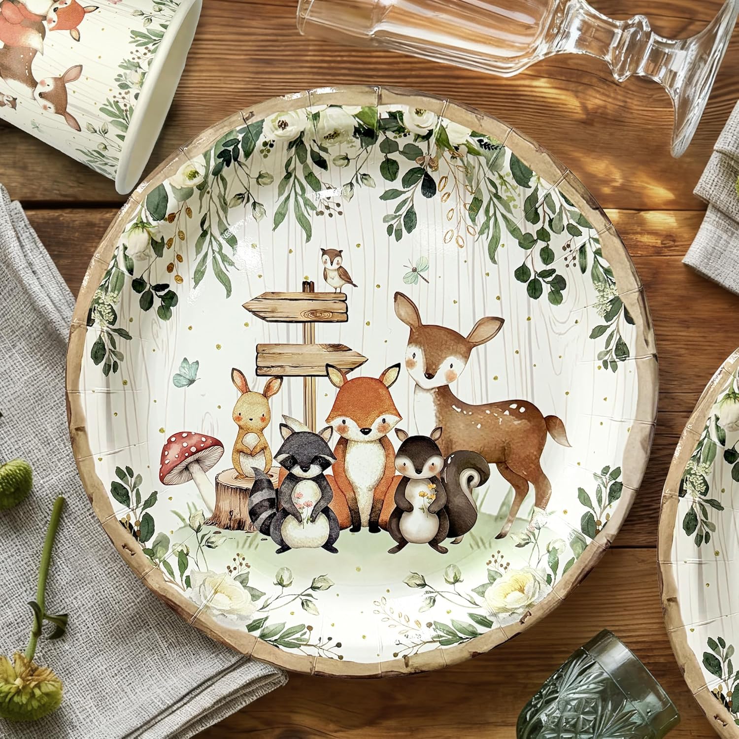 300Pcs Woodland Baby Shower Party Supplies - Serves 50 Guests, Safari Jungle Animal Party Decorations Include Plates and Napkins, Cups, Straws, Forks