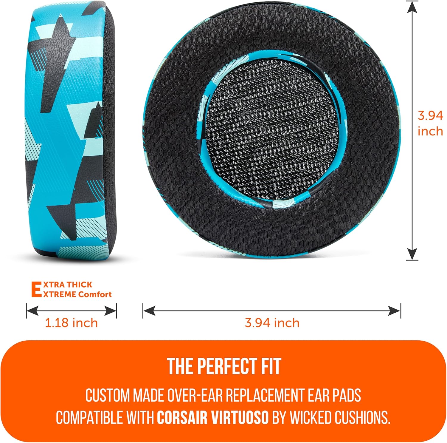 WC Freeze Virtuoso - Hybrid Fabric Cooling Gel Replacement Earpads for Corsair Virtuoso Gaming Headset, Made by Wicked Cushions, Improved Durability, Thickness and Sound Isolation | Cyan Prism