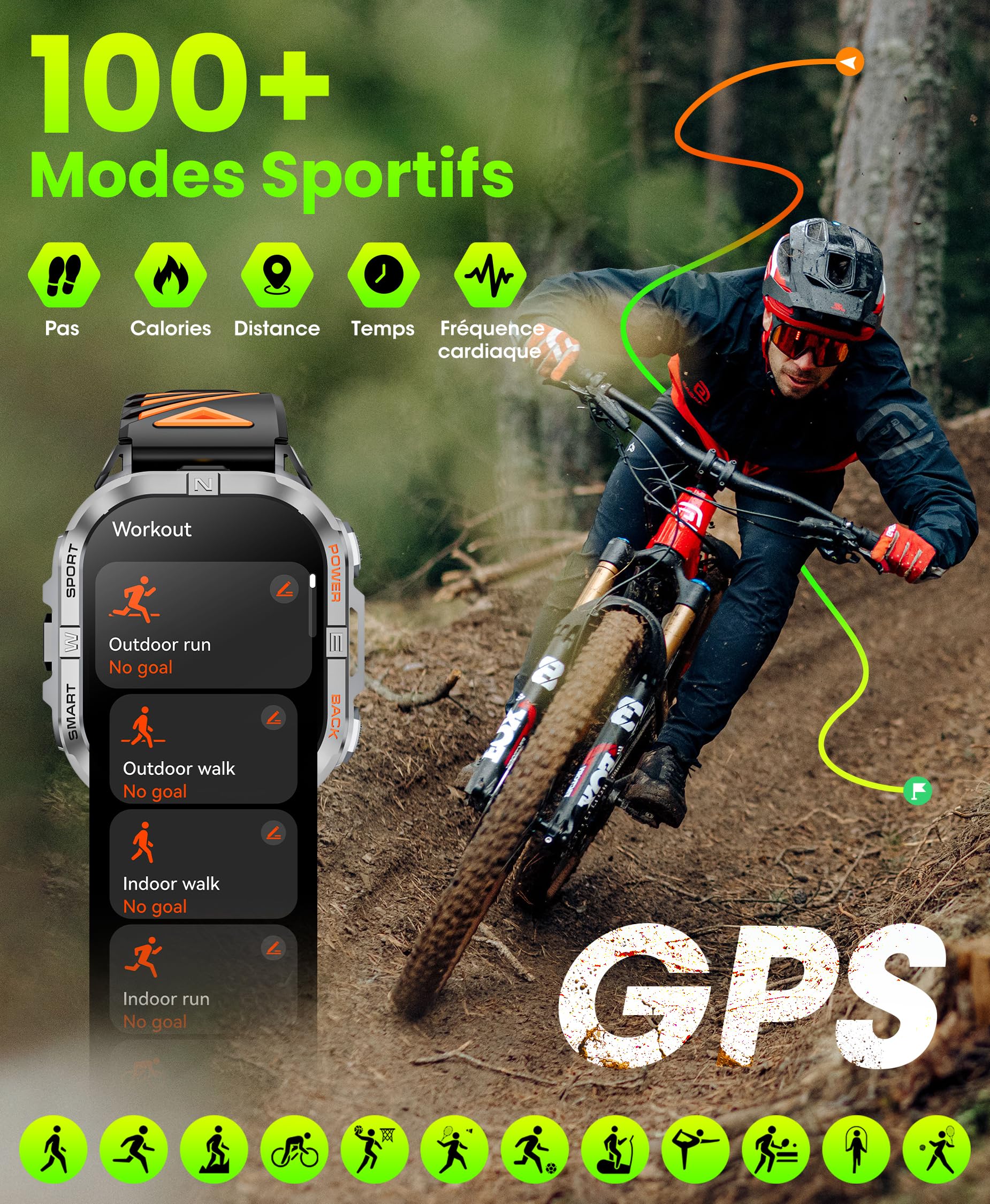 GPS Montre Connectée Homme, 2,13" AMOLED Militaire Smartwatch avec Torche LED/Boussole/100+ Modes Sportifs/580mAh Batterie/Surveillance Santé/Appels Bluetooth pour Android iOS (Noir)