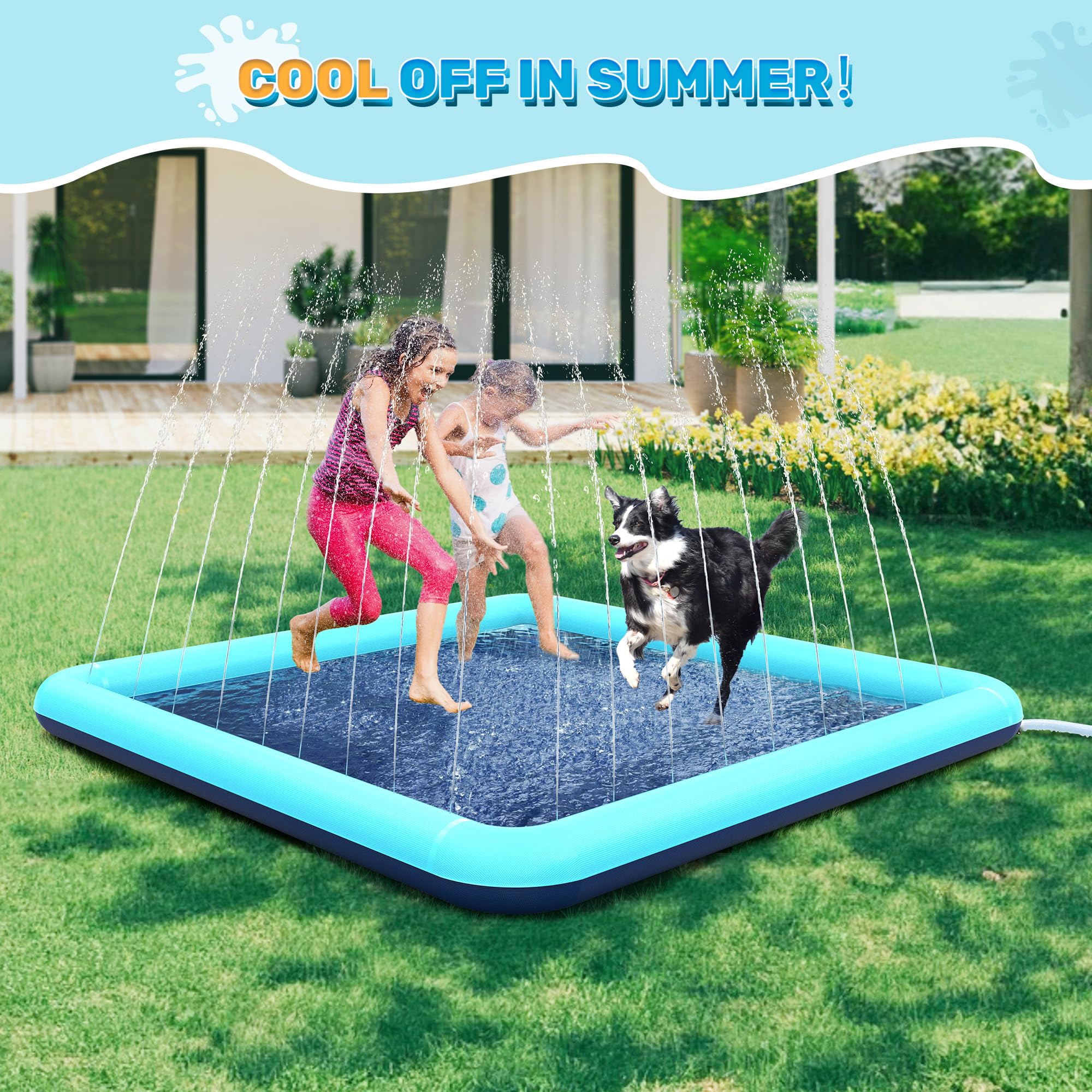 Almohadilla cuadrada de 68 x 68 pulgadas para niños pequeños y perros, piscina de aspersor antideslizante, alfombra de juego de agua poco profunda para diversión de verano en el patio trasero