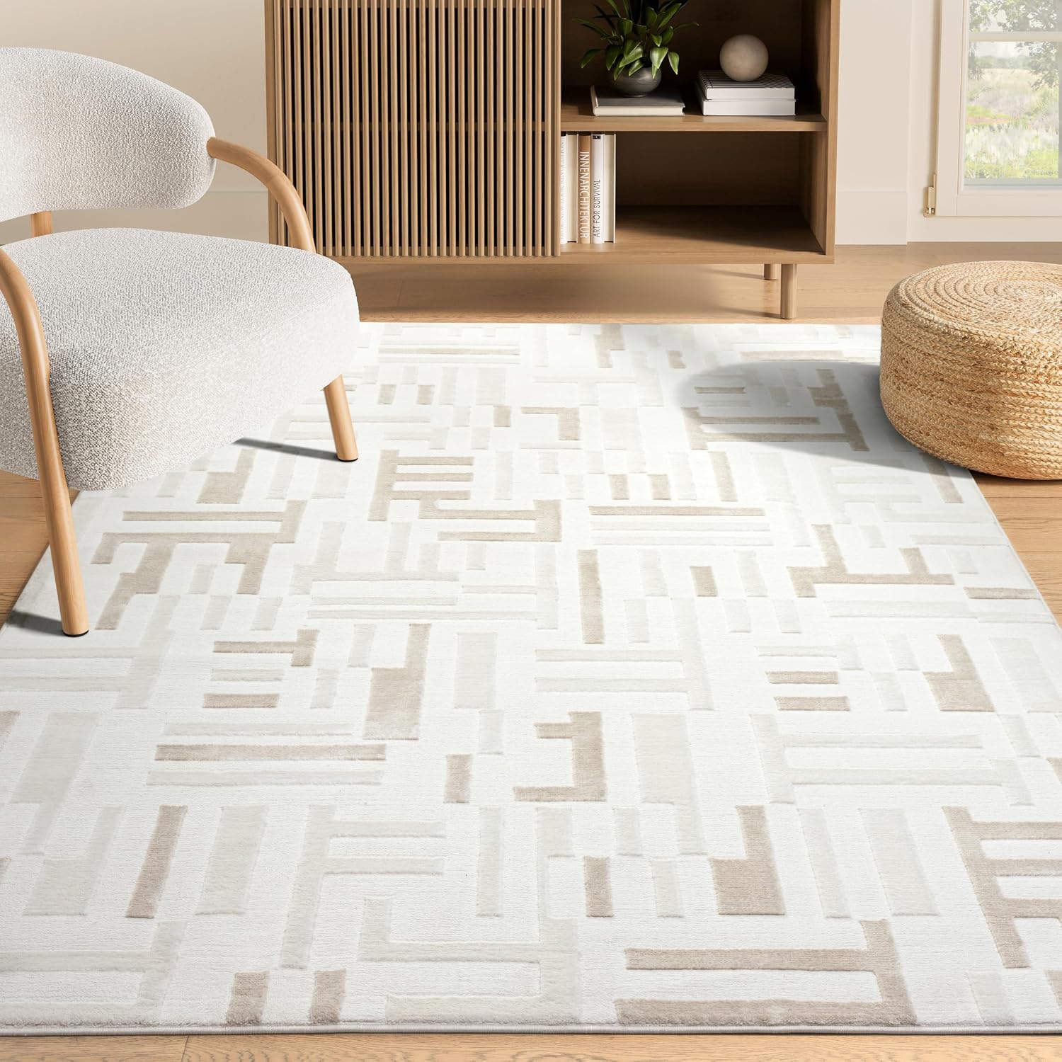 Abani Beige Area Rug - 4' x 6' - Living Room & Bedroom - Geometric Maze Design - Indoor Use - Easy to Clean, Stain Resistant, Non-Shedding - Neutral Collection.