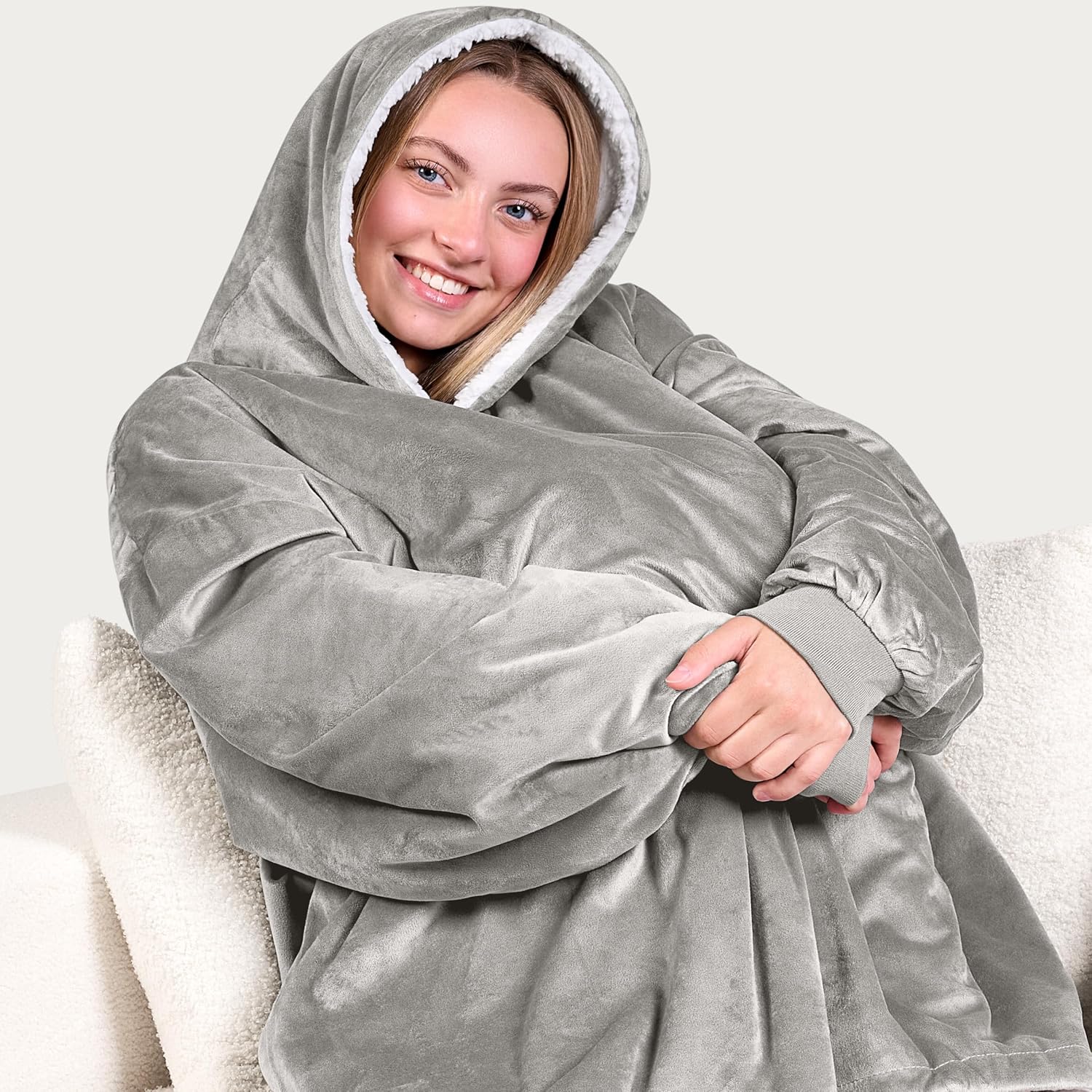 Bare Home Wearable Blanket Hoodie - Soft Plush Sherpa - Warm and Cozy - Oversized Wearable Blanket - Adult & Kid Sizes - Image 5