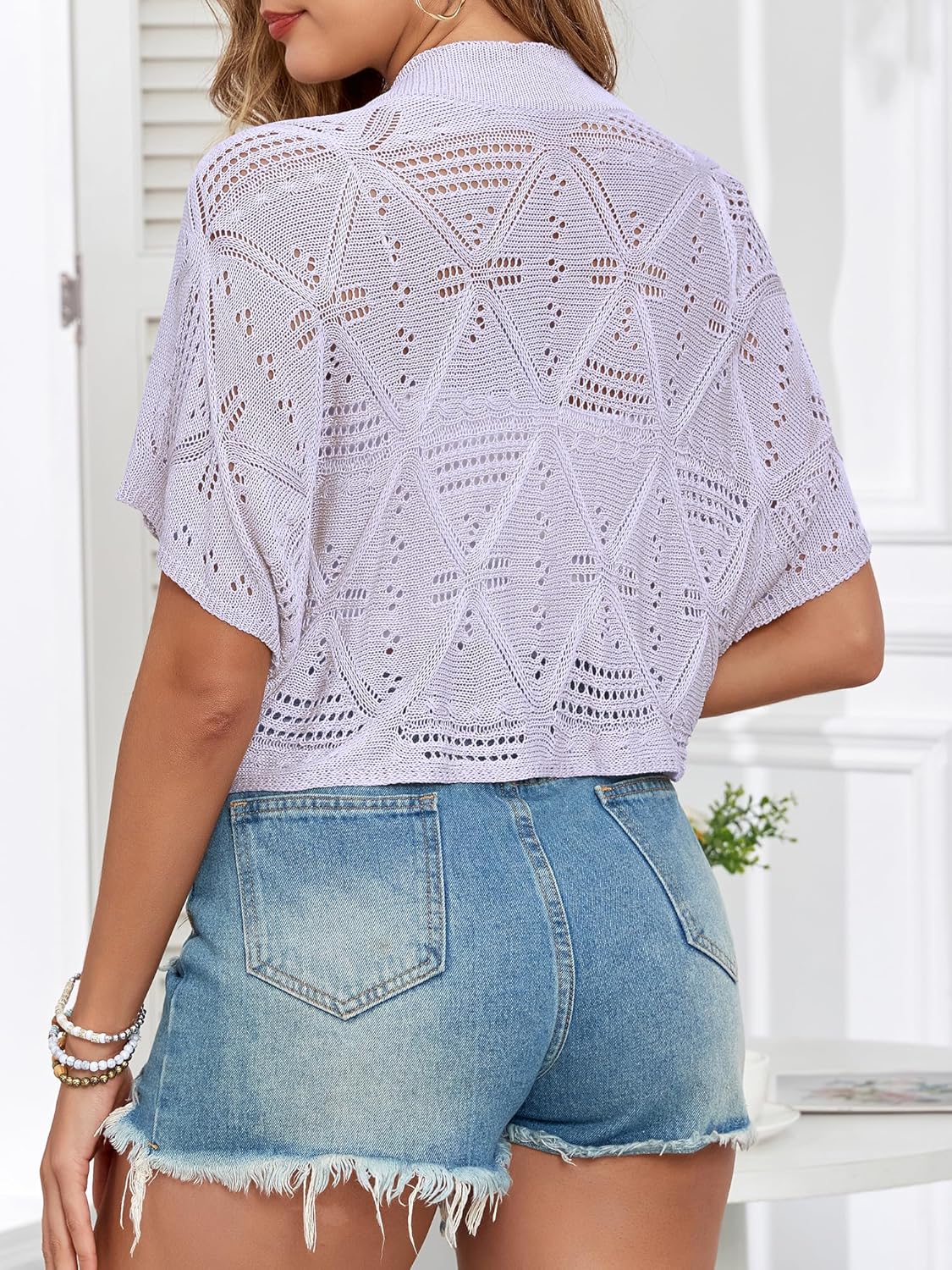 Women's Shrug Crochet Cropped Cardigan Lightweight Hollow-Out Batwing Sleeve Open Front Bolero Sweaters - Image 5