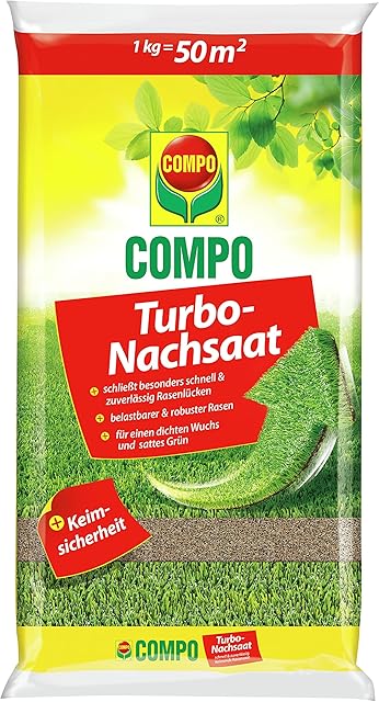 COMPO COMPO Turbo Nachsaat, Rasensamen, Schließt besonders schnell und zuverlässig Lücken im Rasen, Mit Keimsicherheit, 1 kg, 50 m² — Saat & Dünger