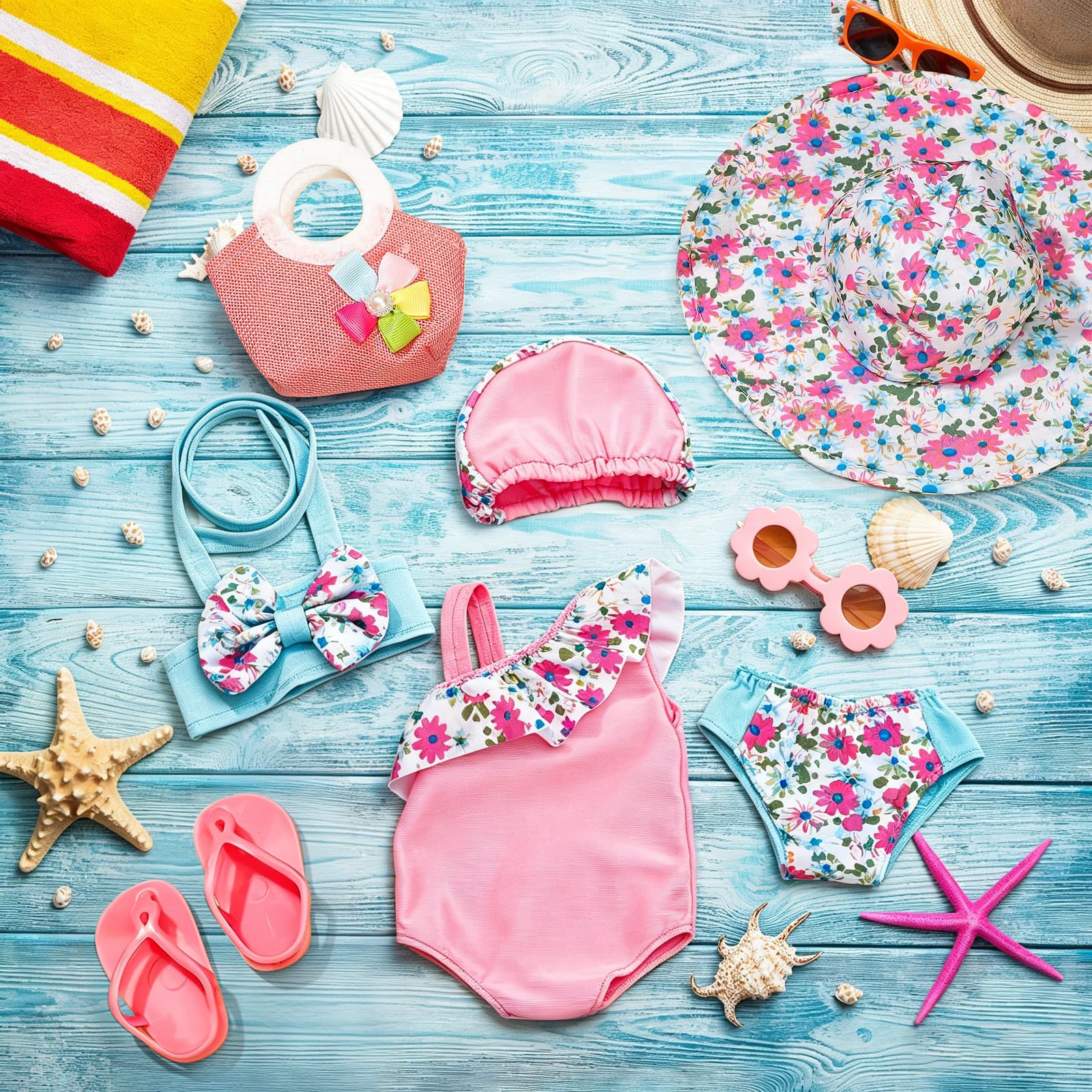 Costume da Bagno per Bambole, Set di Nuoto per Bambole, Vestiti Bambola Estate con Costumi da Bagno, Occhiali da Sole,Cappello, Pantofole, Vestite Bambole Reborn per Bambole 35-45 cm