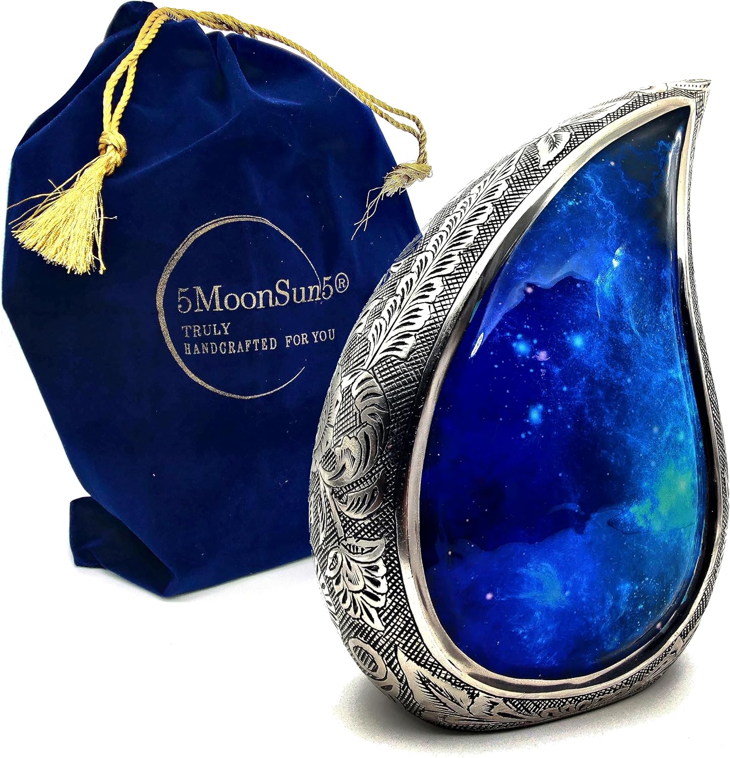 Galaxy Teardrop Urns for Human Ashes, Funeral Cremation Urn with Velvet Bag, Keepsake Urn for Adults, Large for your loved ones Urns for Blue Starry Sky Capacity10 inch (200 cubic inches) BY 5MOONSUN5