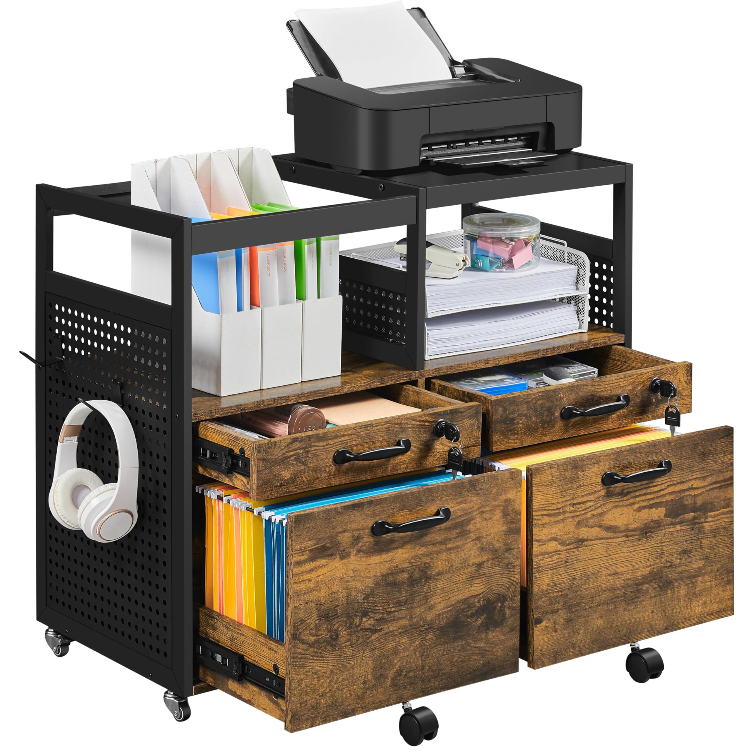 Yaheetech Archivador Móvil con 4 Cajones Cajonera Móvil con Ruedas Compartimento Abierto 82,5x40x69 cm Cajonera Escritorio para Documentos A4 Archivador de Oficina con Ganchos Laterales