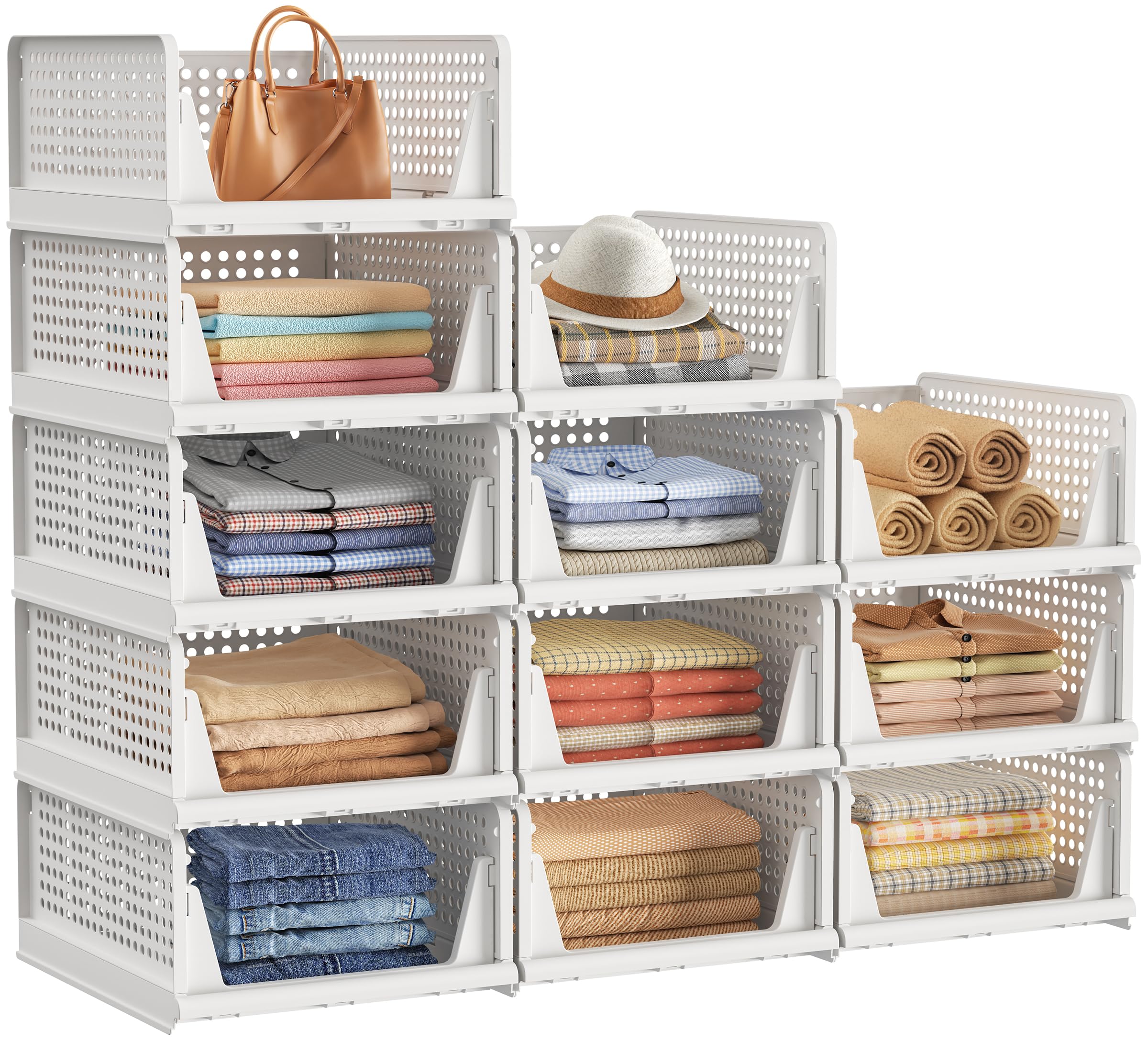 SIMPDIY Wardrobe Storage Organiser, Wardrobe Shelves, 12 Pack Stackable Storage Baskets Boxes for Clothes, Folding Plastic Cupboard Organiser for Bedroom Wardrobe Bathroom