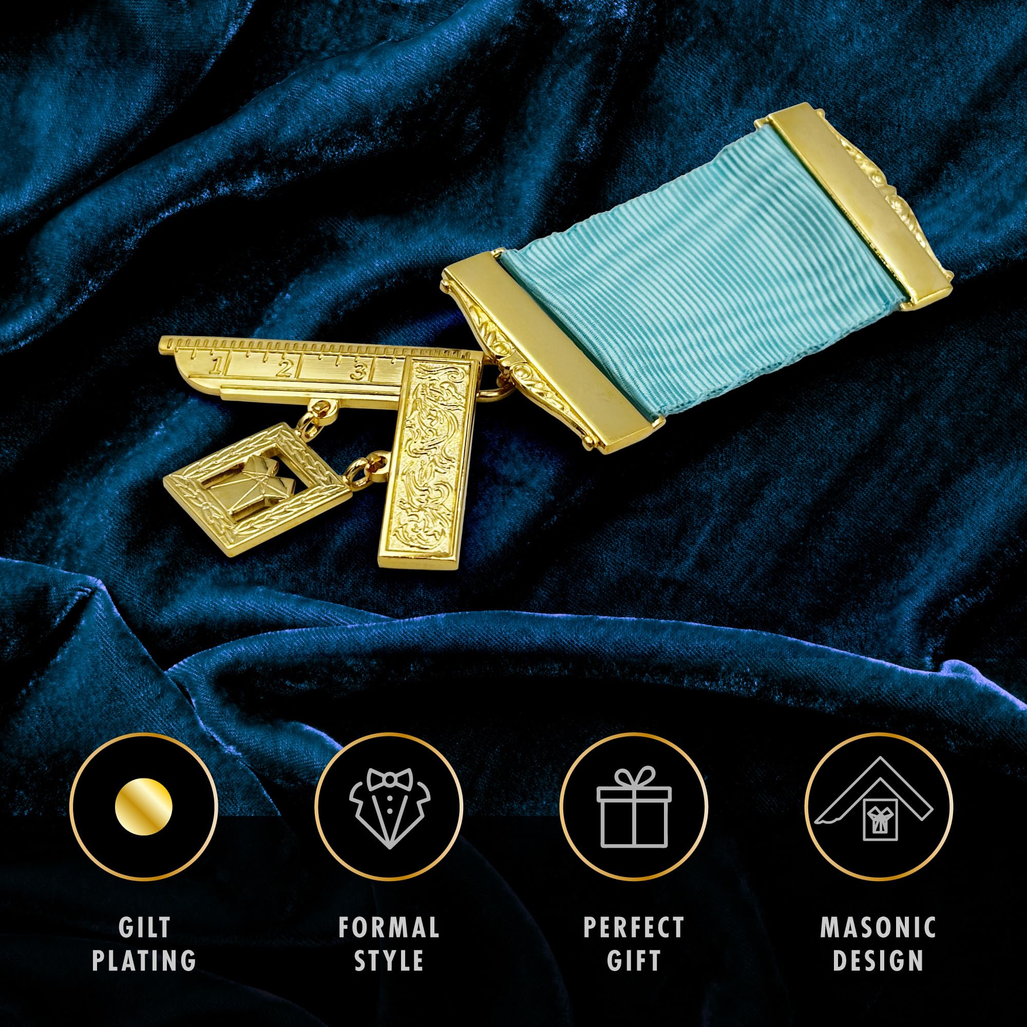 THE MASONIC COLLECTION - Gioiello per il seno artigianale Past Masters - Con nastro blu e placcatura in oro - Un perfetto accessorio regalo massonico per uomini massoni