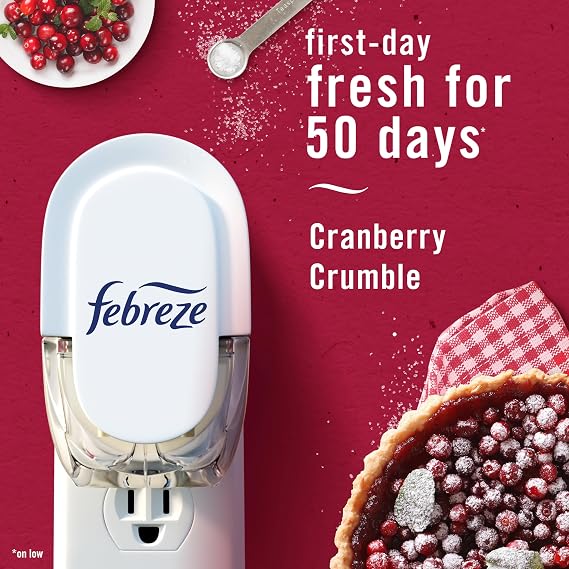 Febreze Plug In Air Freshener, Odor-Fighting Scented Oil Refill, Air Fresheners for Home and Bathroom and Kitchen, Long Lasting for Strong Odors, Cranberry Crumble Scent, 0.87oz Refills, 2 Count