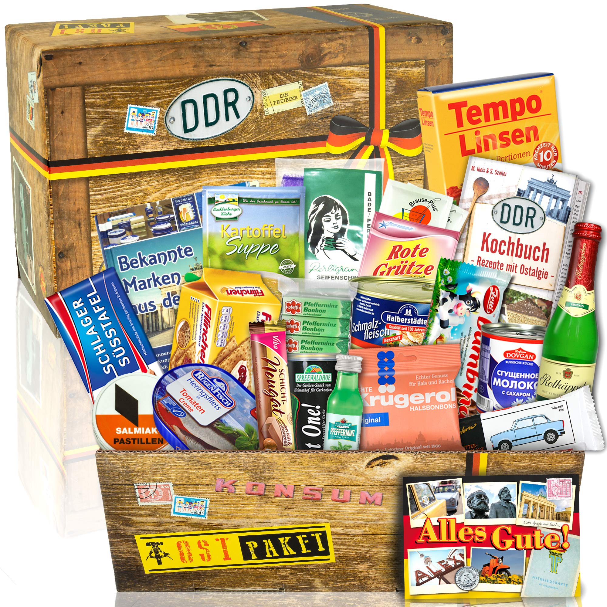Ossi-Shop 18 DDR Spezialitäten Geschenkbox mit DDR Kochbuch & Sekt | Großes Ostpaket Set mit Ostalgie Süßwaren und Delikatessen - Ideale Geschenkidee für Männer und Frauen zum Geburtstag