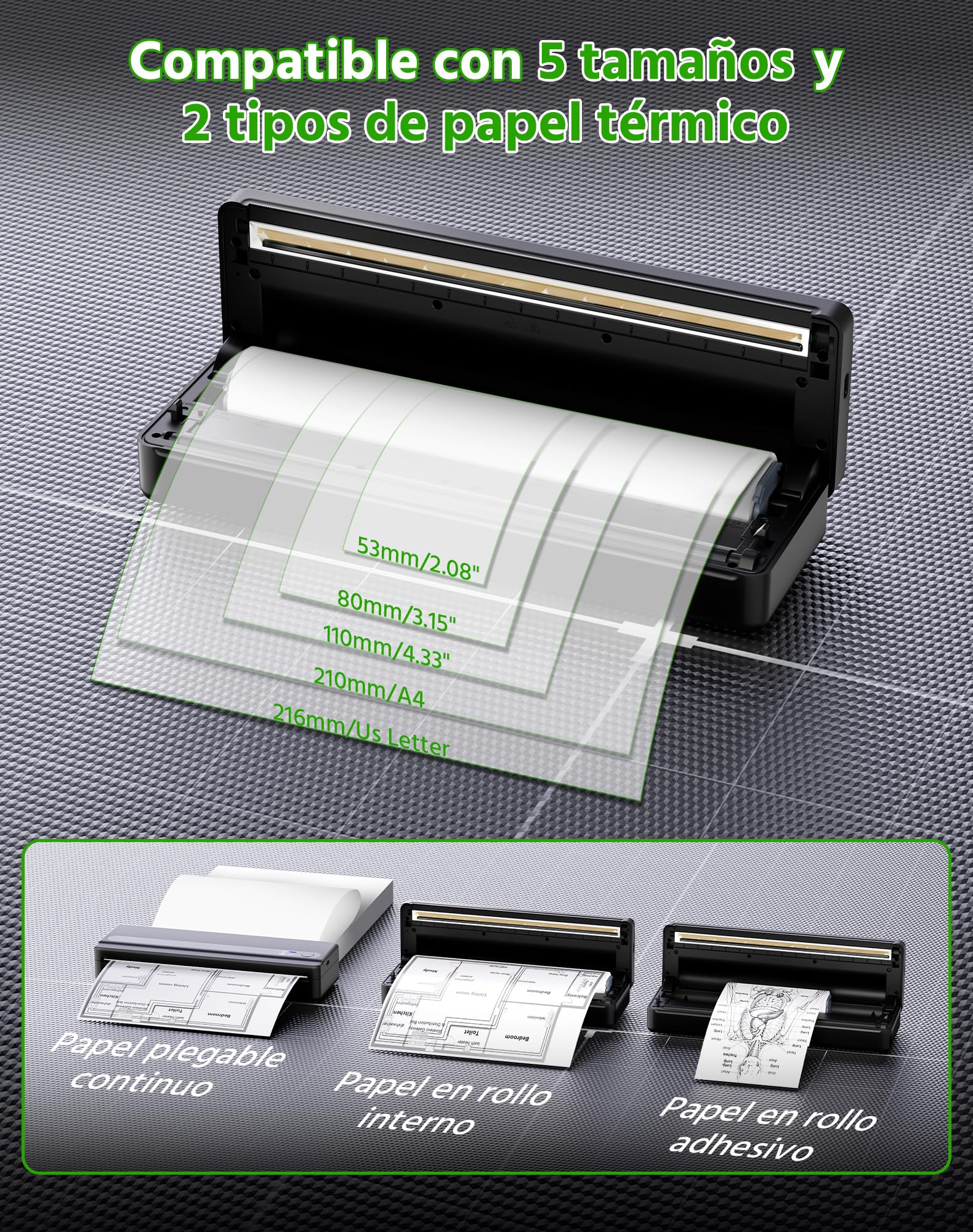 PB821 Impresora Térmica Portátil, Impresora Portátil A4 para Viajar, Oficina, Escuela, Casa, Compatible con Smartphones y Ordenadores, Impresora A4 Bluetooth con 3 Rollos de Papel