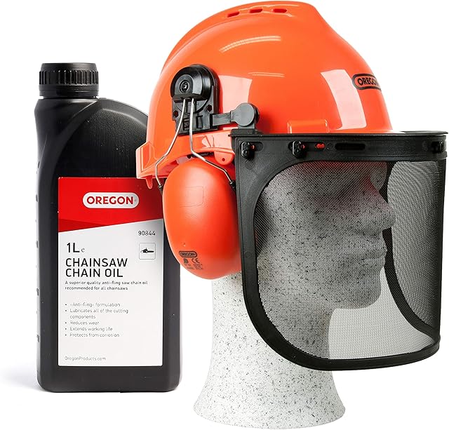 OREGON Yukon Chainsaw Safety Helmet with Protective Ear Muff and Mesh Visor (562412) & Chainsaw Chain and Guide Bar Oil, 1 Litre Bottle (90844)