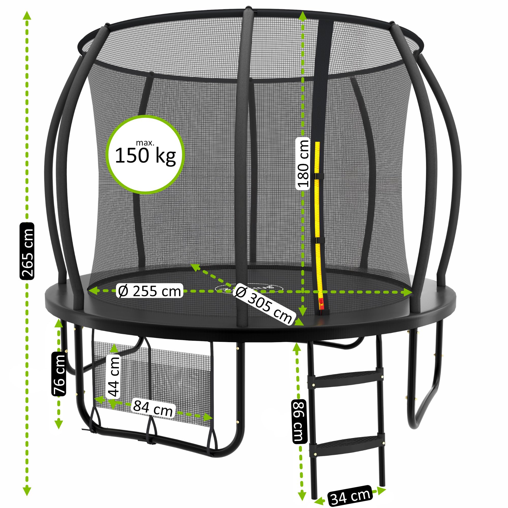 Zelsius Trampolín negro para el exterior | Trampolín para exteriores, trampolín de jardín con red de seguridad, escalera y bolsa para zapatos | Trampolín para deporte y ocio