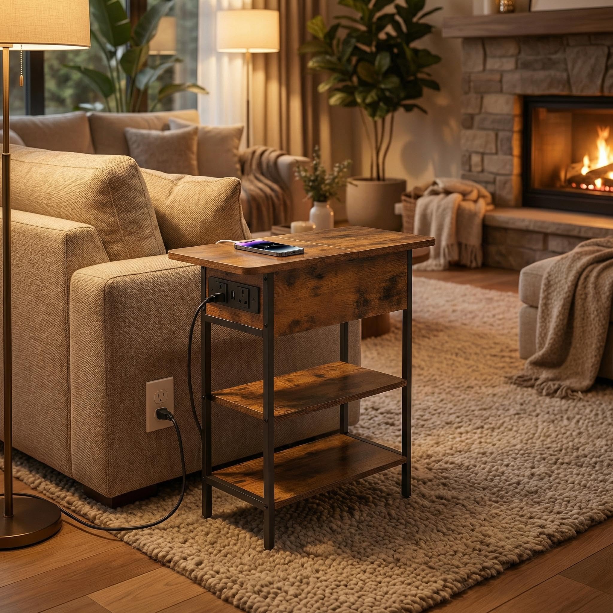 FurnitureR Industrial Slim Side Table Narrow Bedside Table Nightstand with USB and Power Outlets, 3-Tier Storage Shelves, Rustic Brown with Storage