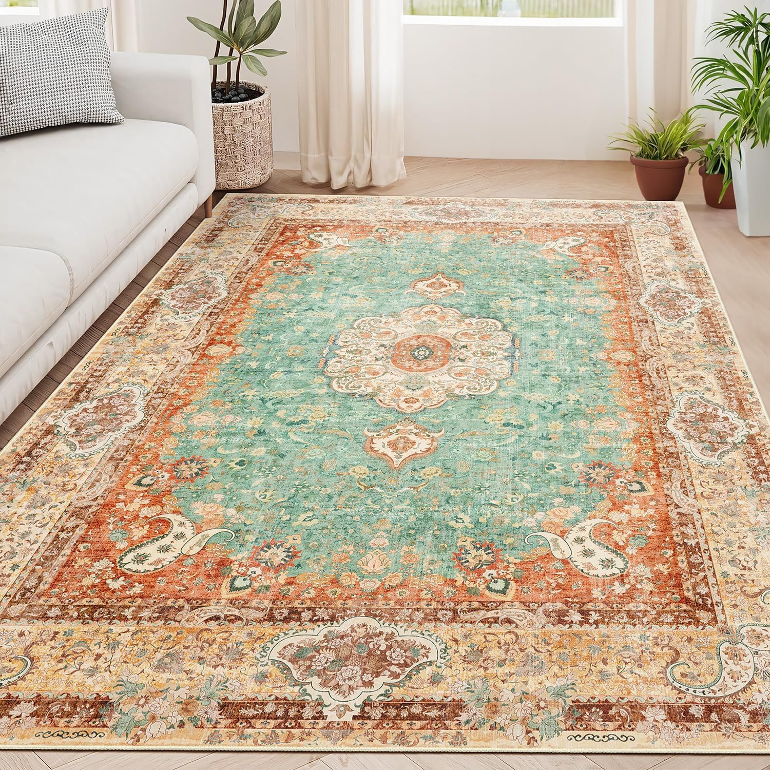 Tapis vintage shabby chic vert orange marron et beige 120x170 cm pour intérieur et extérieur