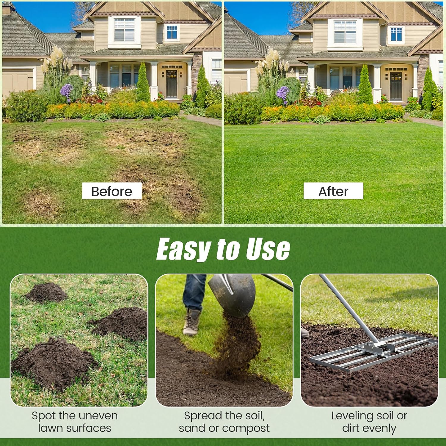 COSTWAY 30x10 Inch Lawn Leveling Rake, Soil Sand Dirt Leveling Tool, Ground Leveler for Yard, Landscape, Garden, Pasture (Silver, 30"x10")