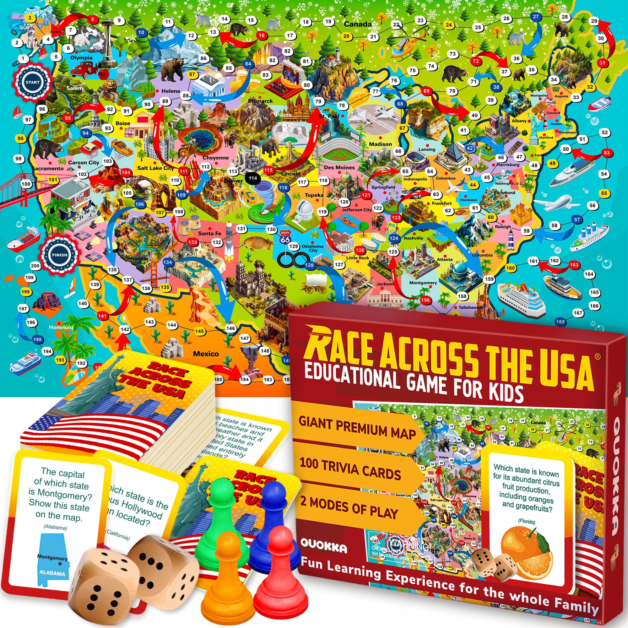 Board Game 1 to 10 Players - Learning, Educational - Geography, United States - 120 Question Cards, Top Facts - Indoor, Outdoor - Kids, Teens, Adults, Family