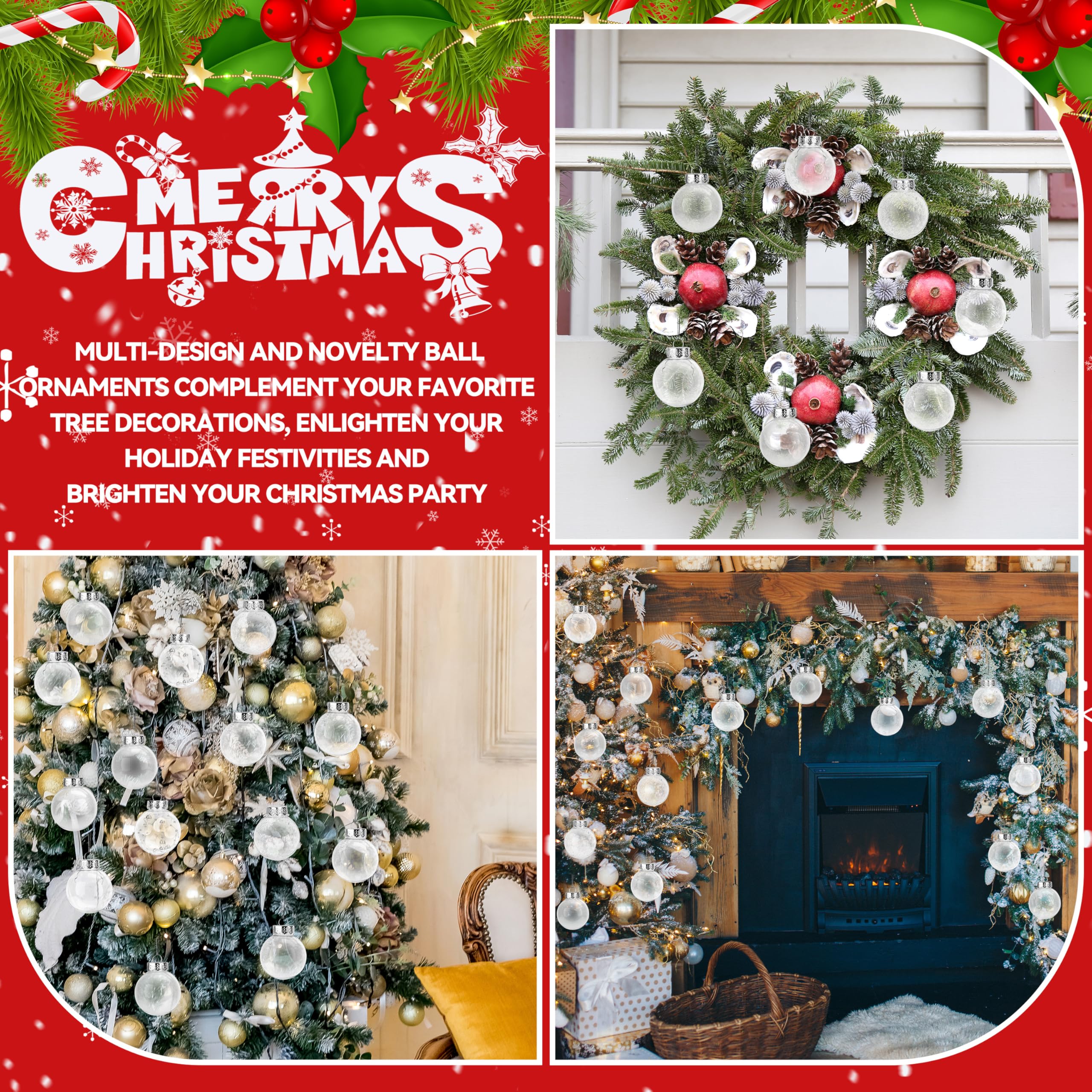 30 adornos de bola de Navidad transparentes de 2.4 pulgadas, adornos decorativos inastillables para colgar con decoraciones delicadas para árbol de Navidad, decoración de fiesta interior de vacaciones