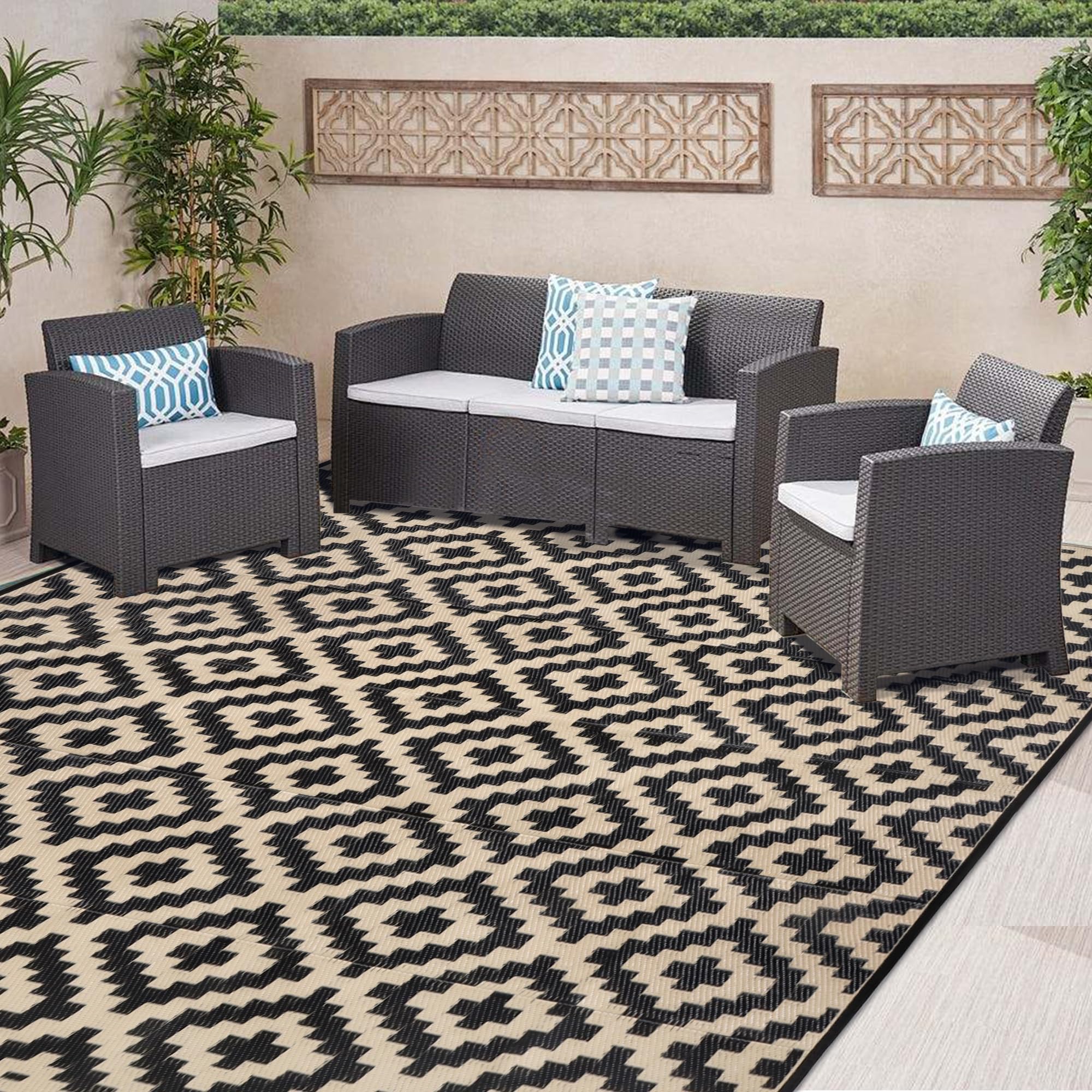 SAND MINE Reversible Mats, Plastic Straw Rug, Modern Area Rug, Large Floor Mat and Rug for Outdoors, RV, Patio, Backyard, Deck, Picnic, Beach, Trailer, Camping, Black & Beige, 8' x 8'