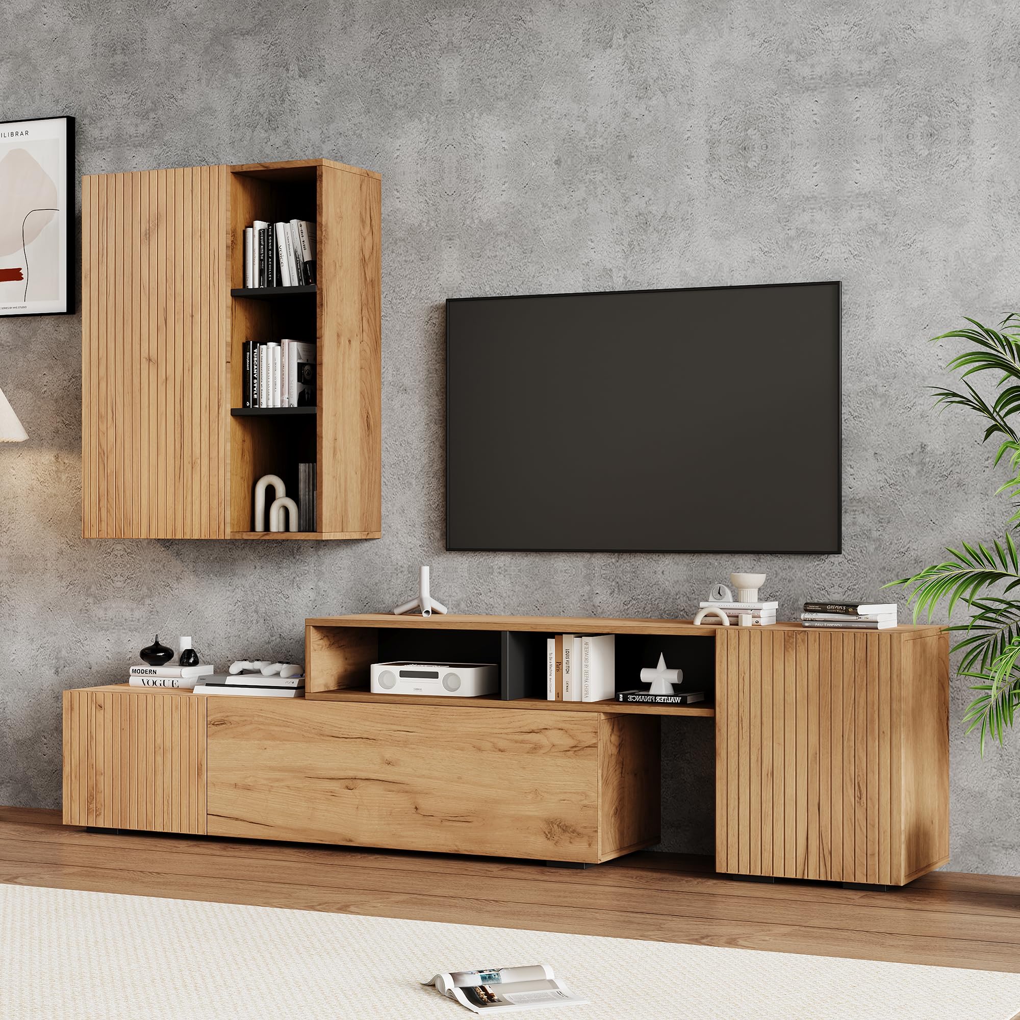 Juego de pared para TV con vitrina (juego completo, 2 unidades), incluye tabla de TV y estantería, juego de muebles de salón, longitud flexible hasta 265 cm, de pie y colgante, TV hasta 120 pulgadas