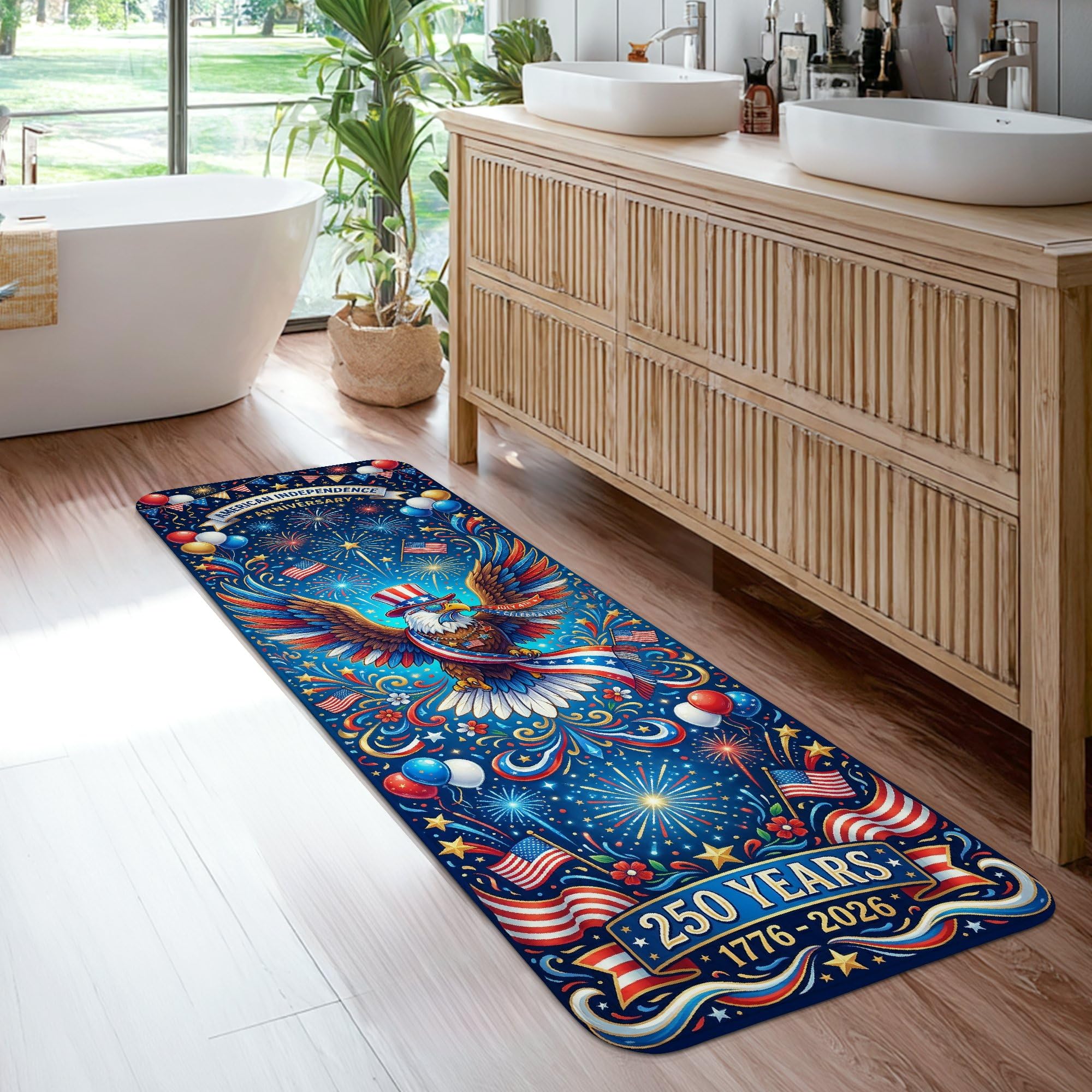 Tapis de couloir à poils courts bleu avec motif aigle américain pour entrée rectangulaire
