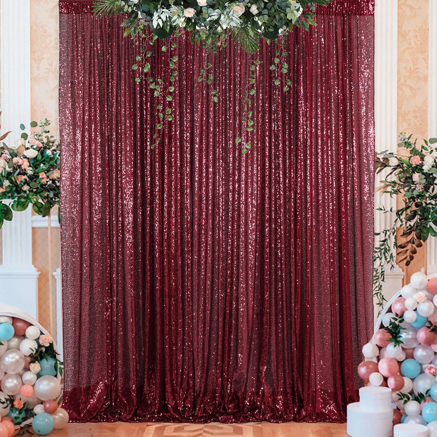 ShinyBeauty 8FTx8FT Burgundy Sequin Backdrop | Glitter Photography Background | Shimmer Fabric for Parties, Weddings, and Events
