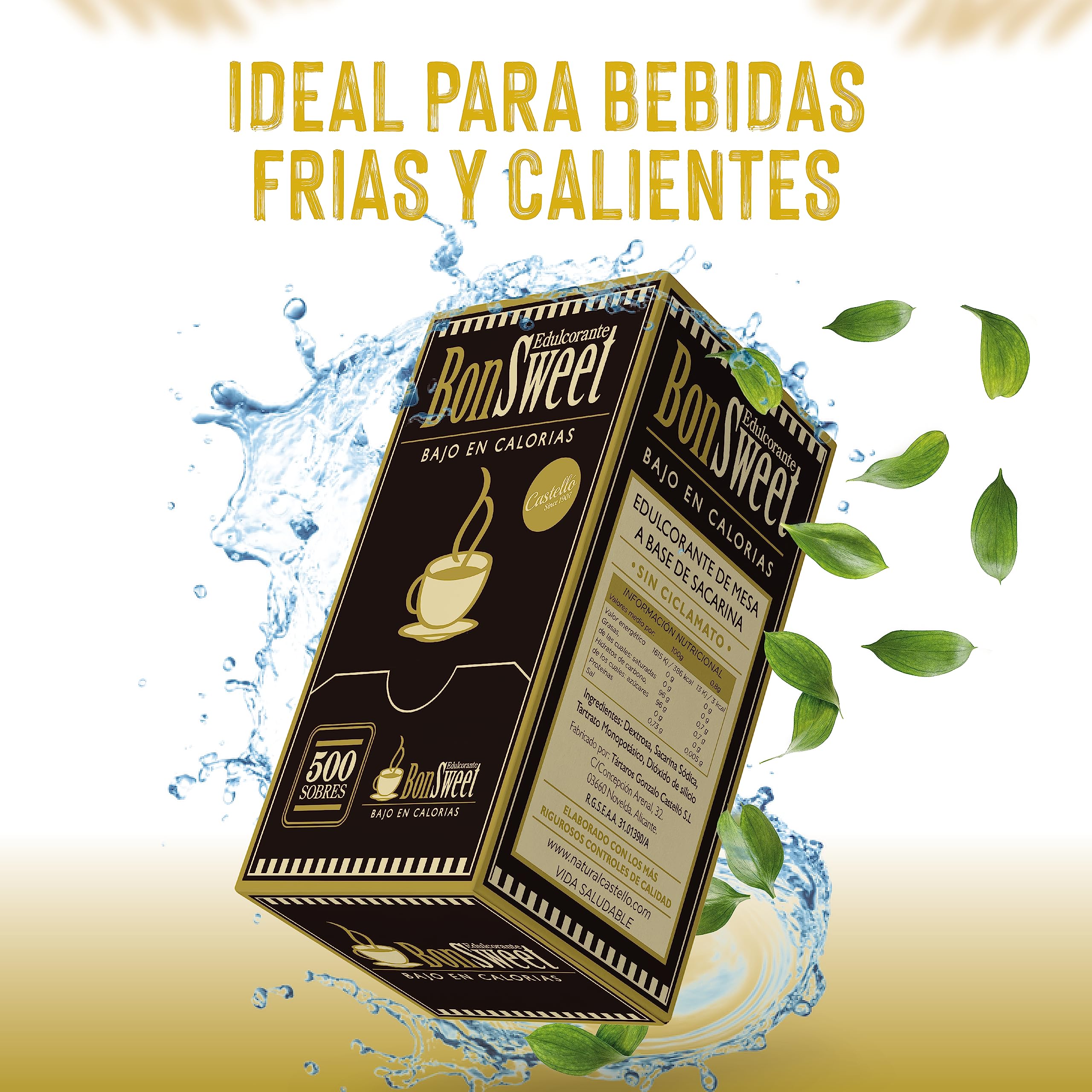 Castello since 1907 Edulcorante Bonsweet Sacarina Sin Ciclamato 500 Sobres | Monodosis | 1 sobre = 0.8g Azúcar | Bajo en Calorías | Ideal Café, Hostelería y Oficina - 400g