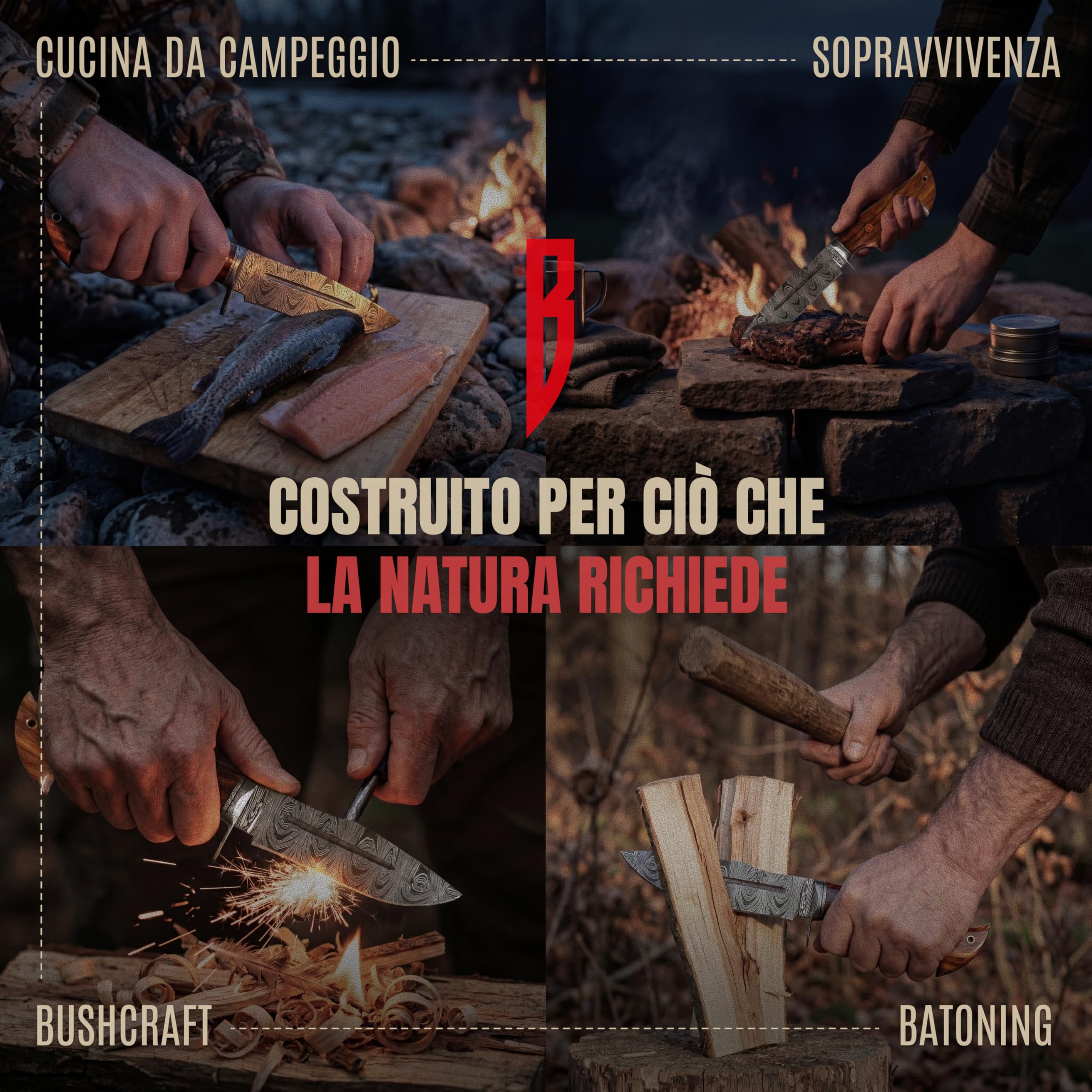 BIGCAT ROAR Beast Hunter - Coltello da Caccia Artigianale in Acciaio Damasco 25 4 cm - Manico in Legno di Noce e Fodero in Cuoio - EDC Bushcraft Campeggio Sopravvivenza - Idea Regalo Uomo Cacciatore