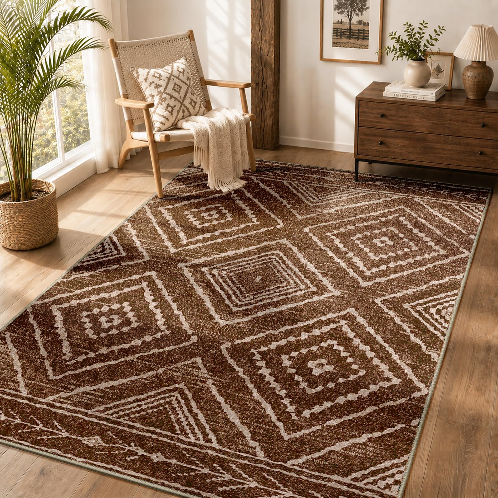 Tapis style marocain vintage jaune marron tissage doux premium